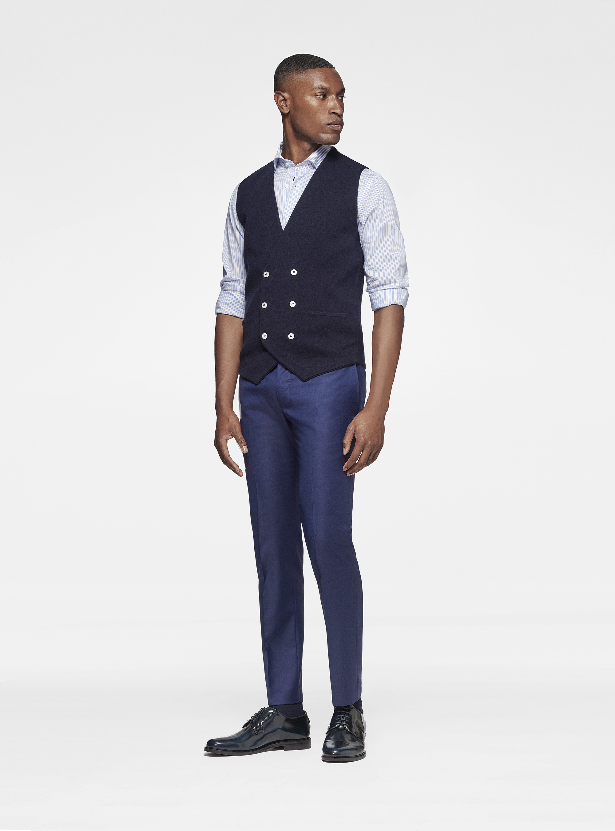 Gilet doppiopetto in maglia in cotone seta e cashmere, BLU NAVY