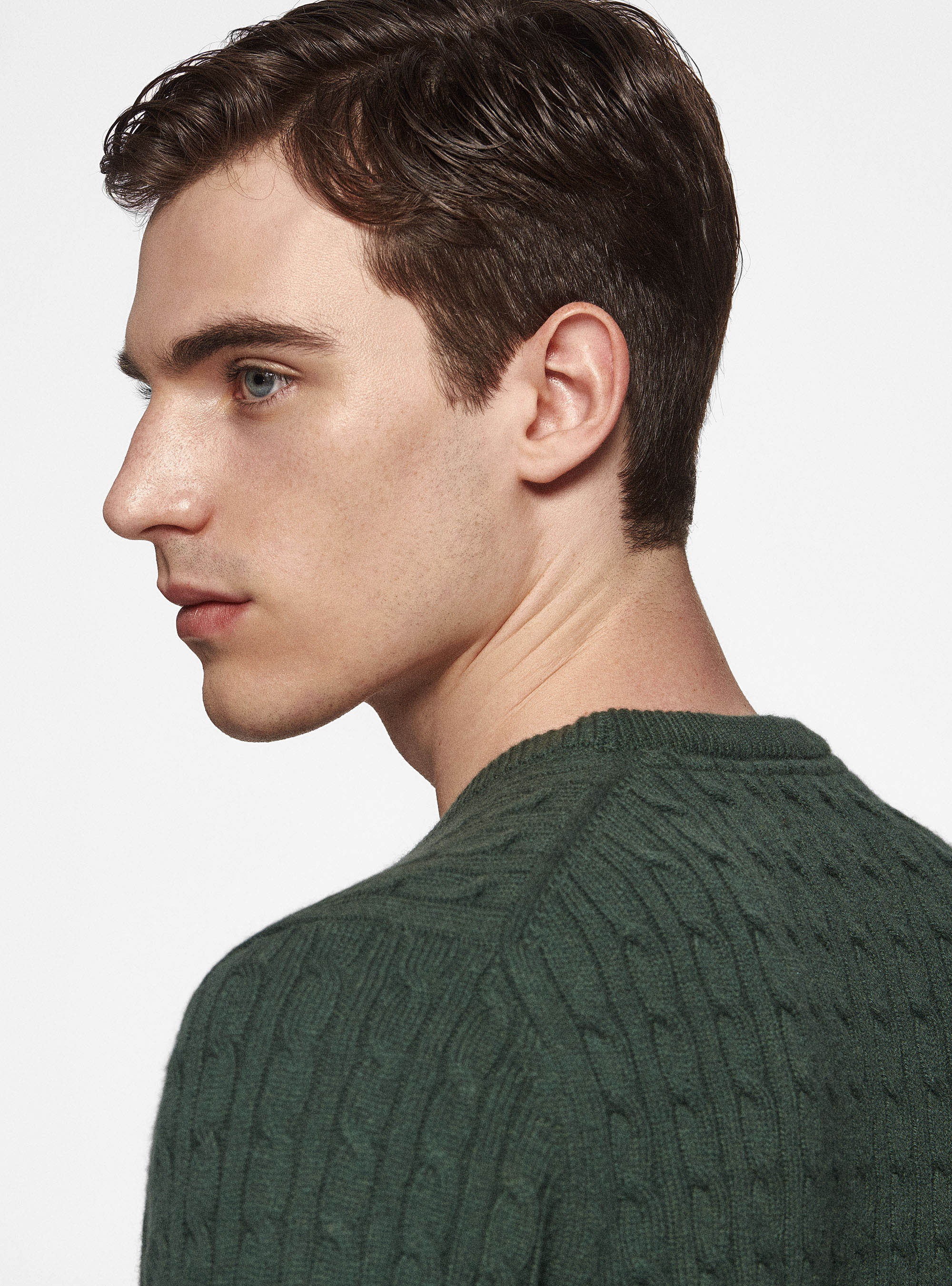 Maglia girocollo con treccia in lana e cashmere, MILITARE 0609C