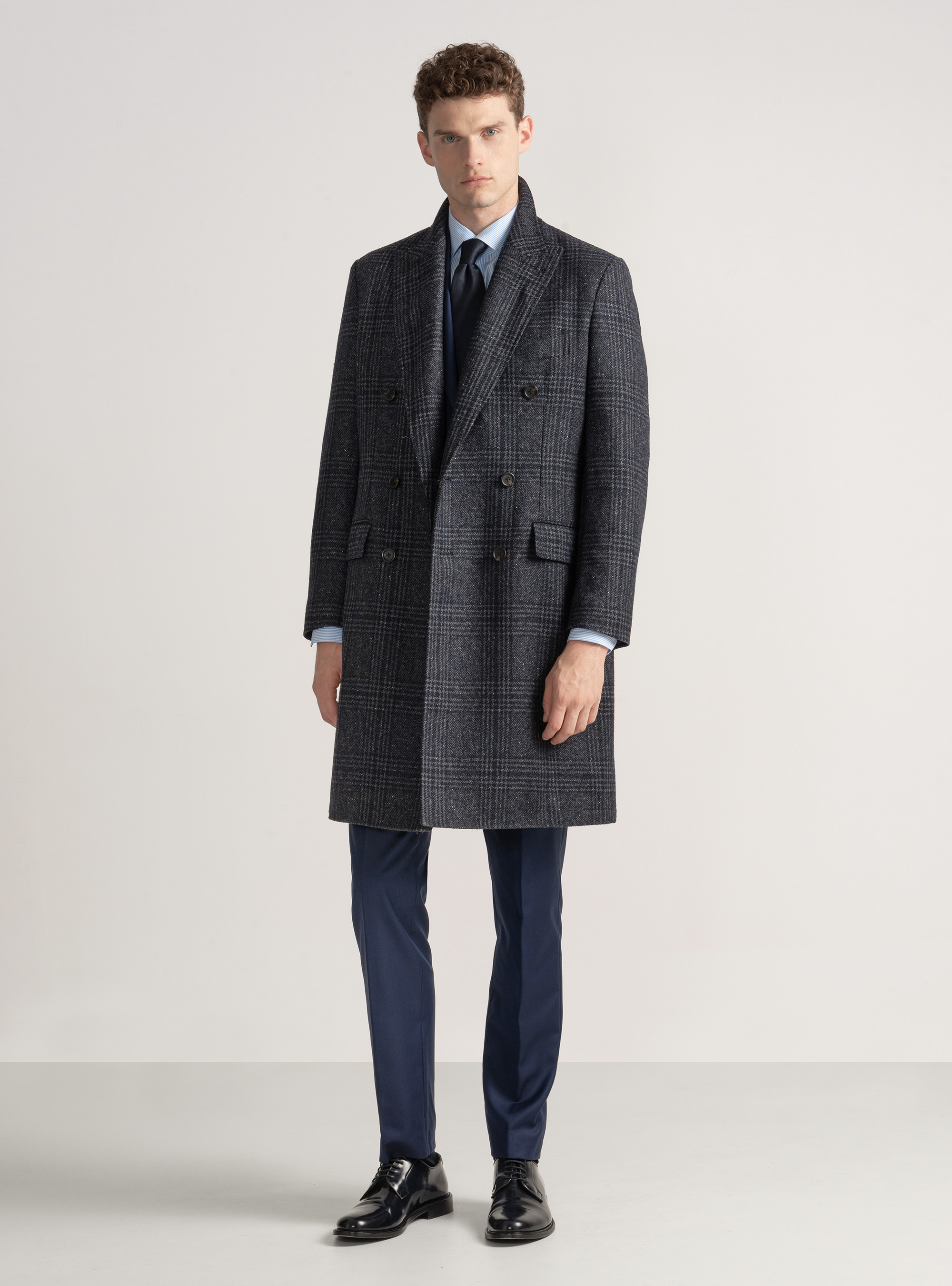 Cappotto doppiopetto fantasia in misto cashmere, BLU NAVY