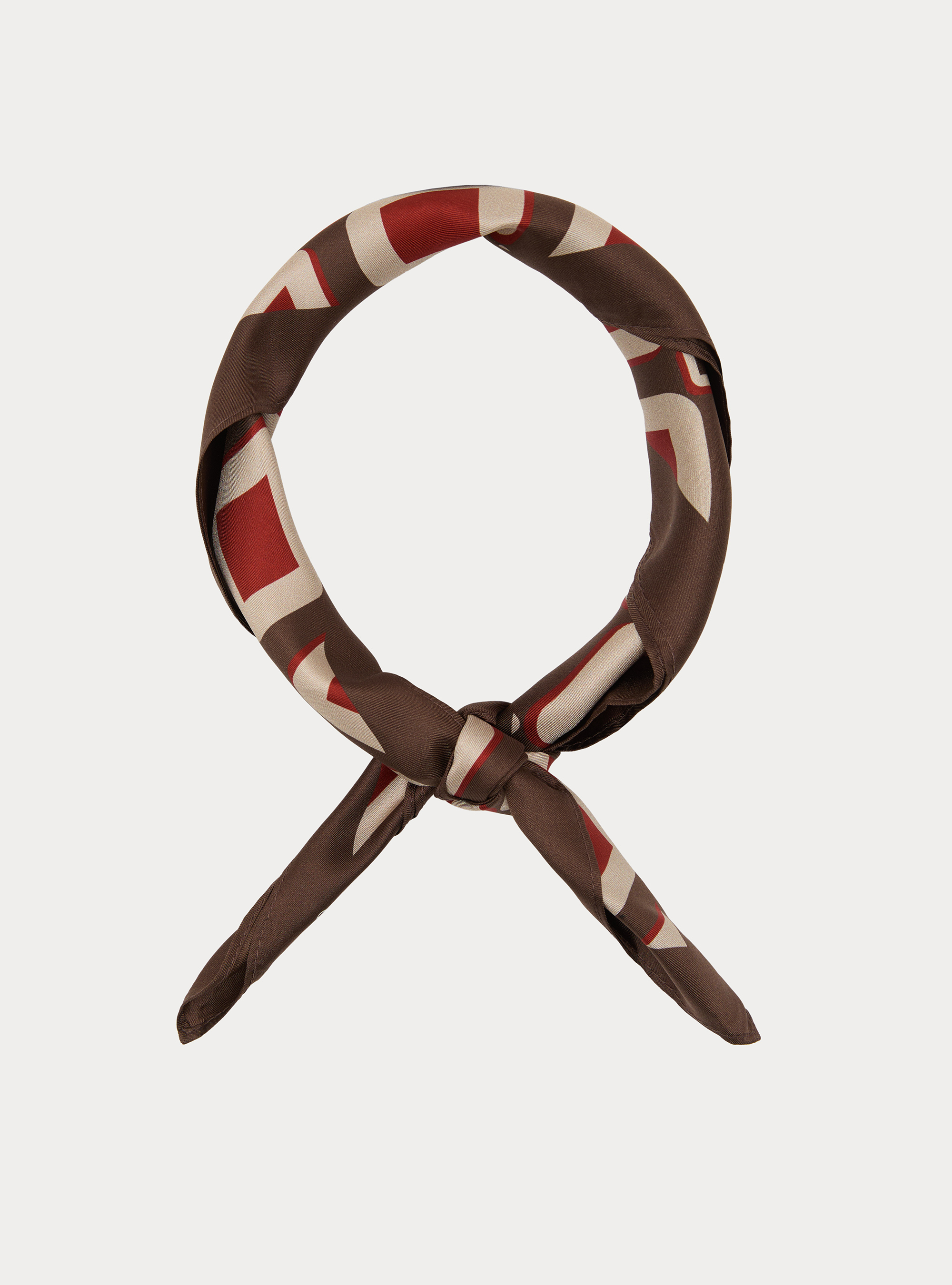 Foulard stampato in seta fantasia geometrica, BROWN