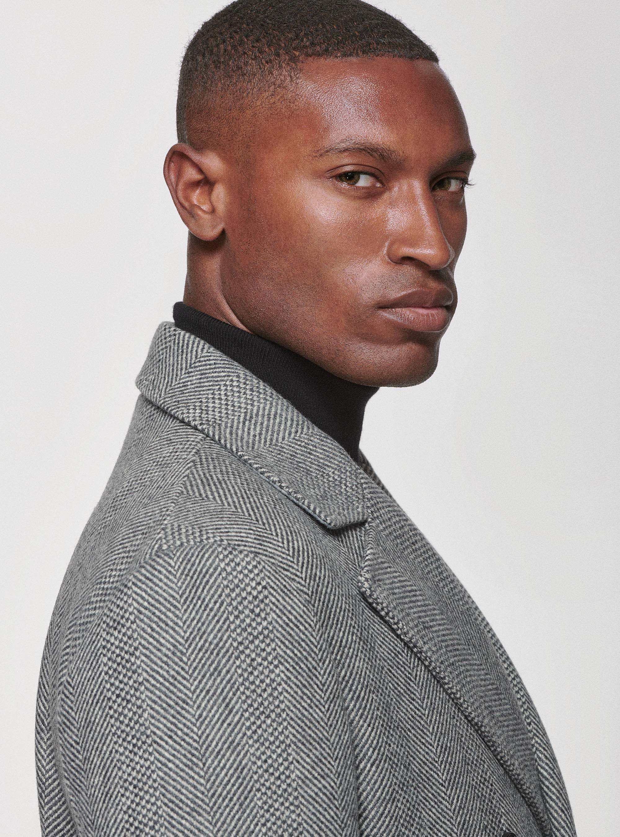 Double-breasted coat in herringbone wool blend, LIGHT GREY MELANGE