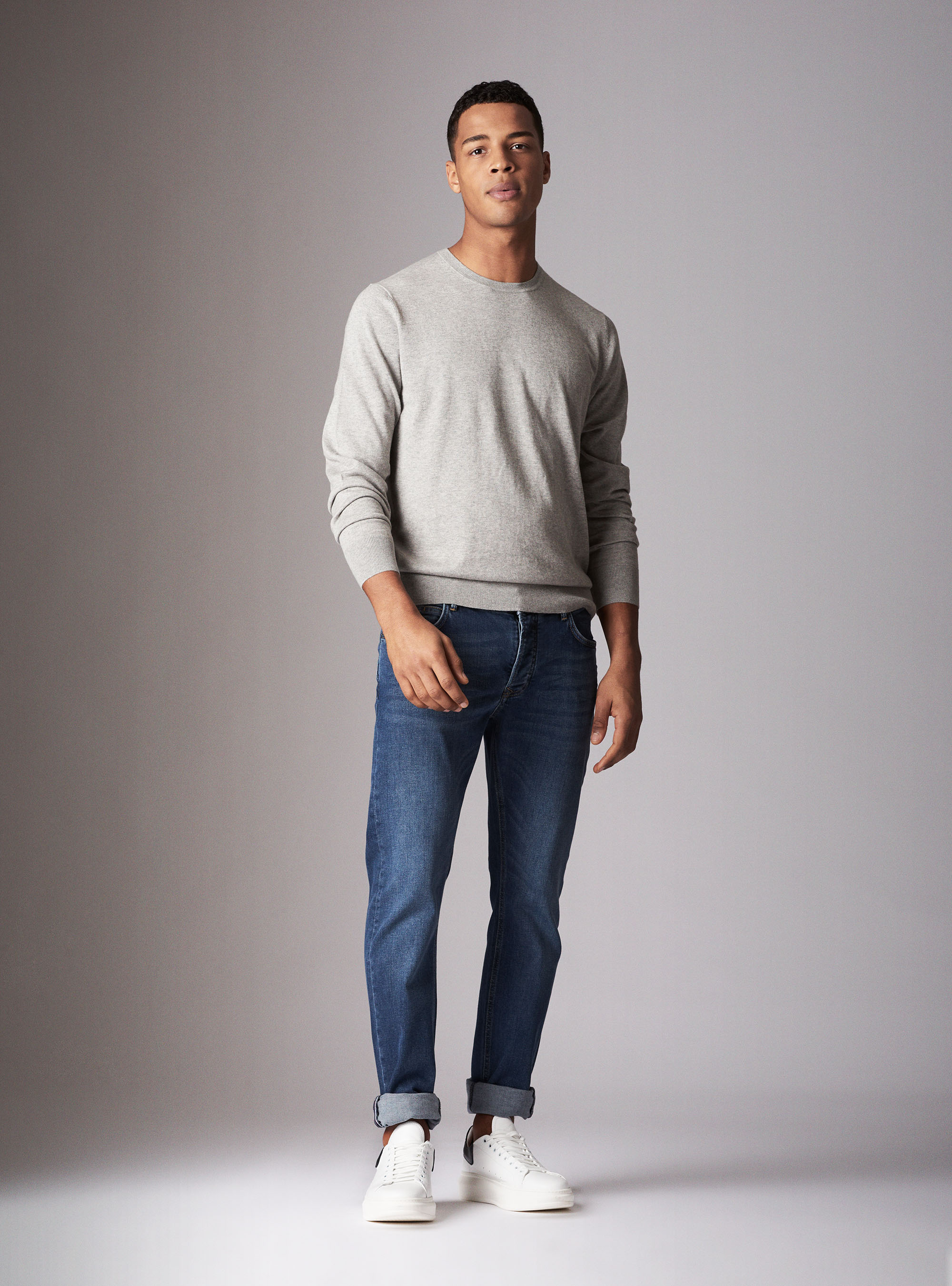 Jersey cuello redondo b&aacute;sico en algod&oacute;n seda cashmere, GRIS CLARO JASPEADO