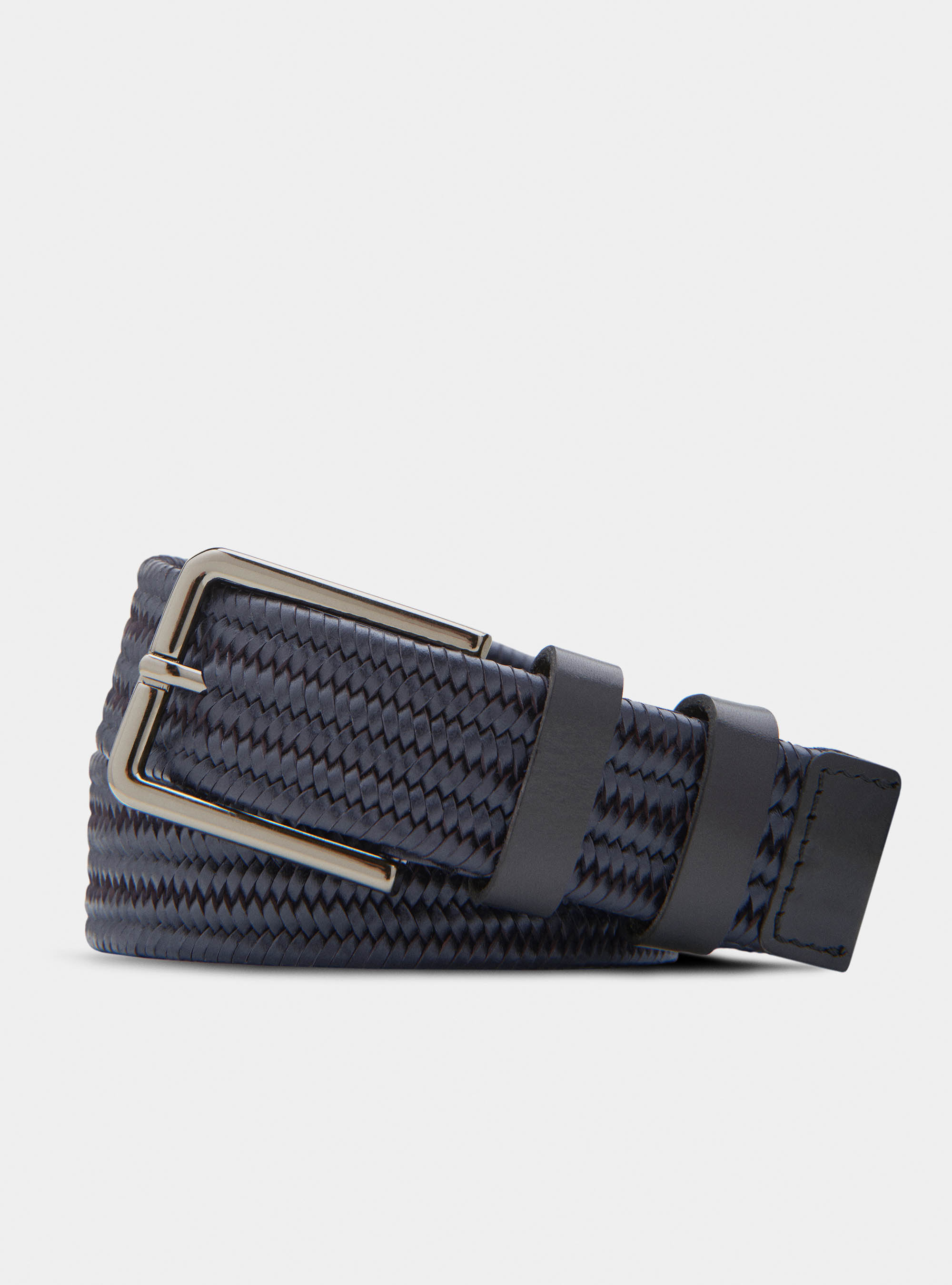 Cintura in pelle intrecciata stretch, BLU NAVY