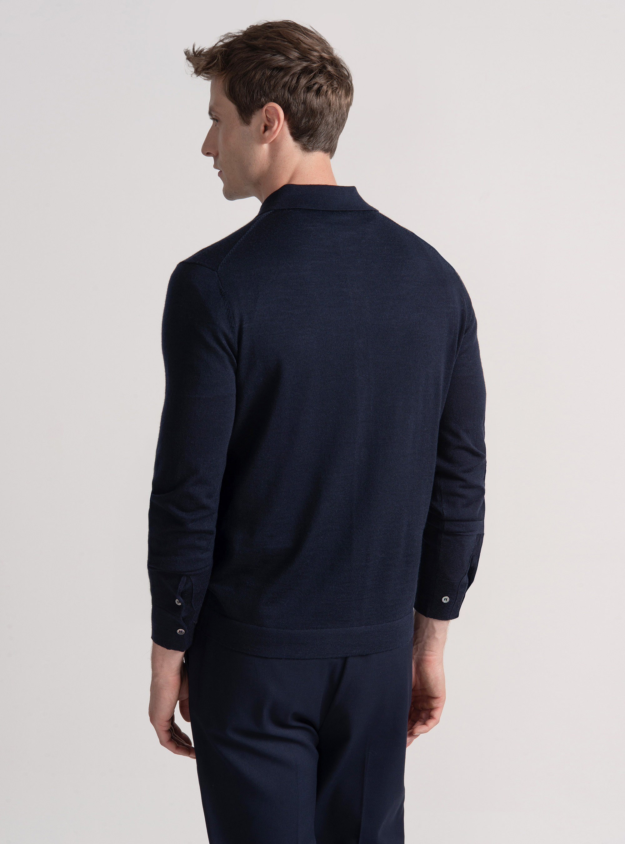 Polo camicia in maglia lana merino extrafine, BLU NAVY