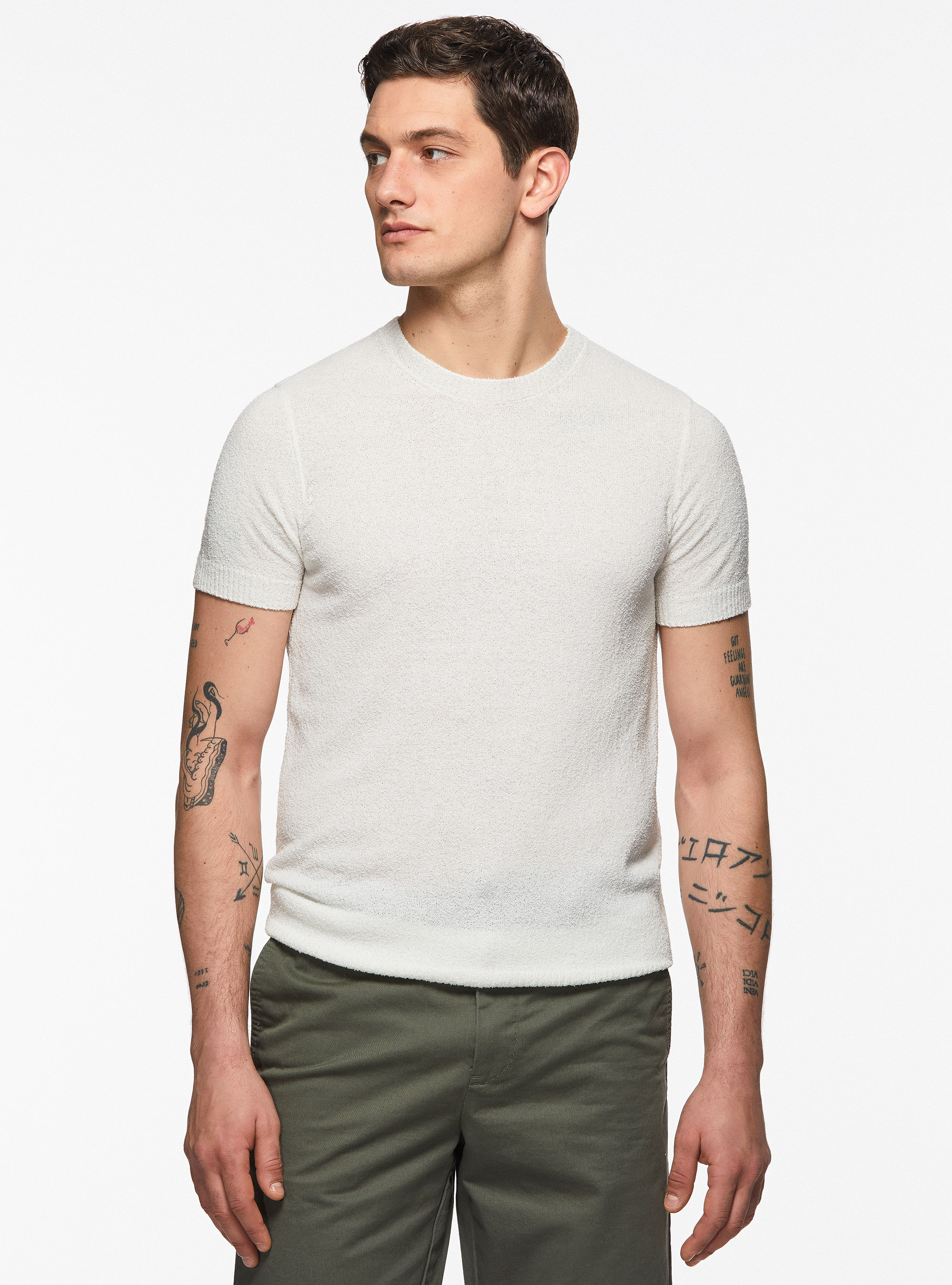 Maglia girocollo in misto cotone bouclè, BIANCO