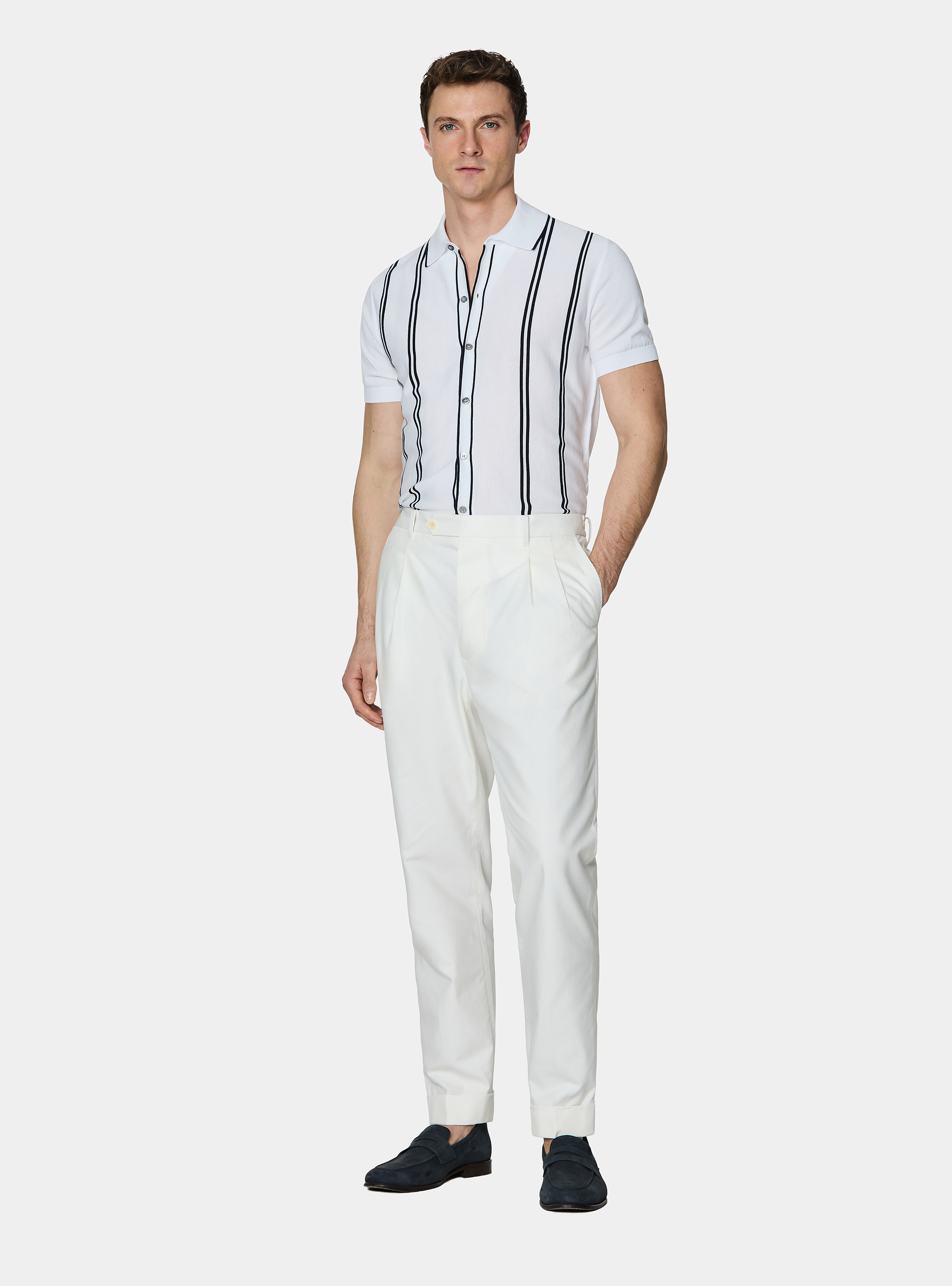 Trousers with pleats and elastic waistband in cotton tencel, WHITE