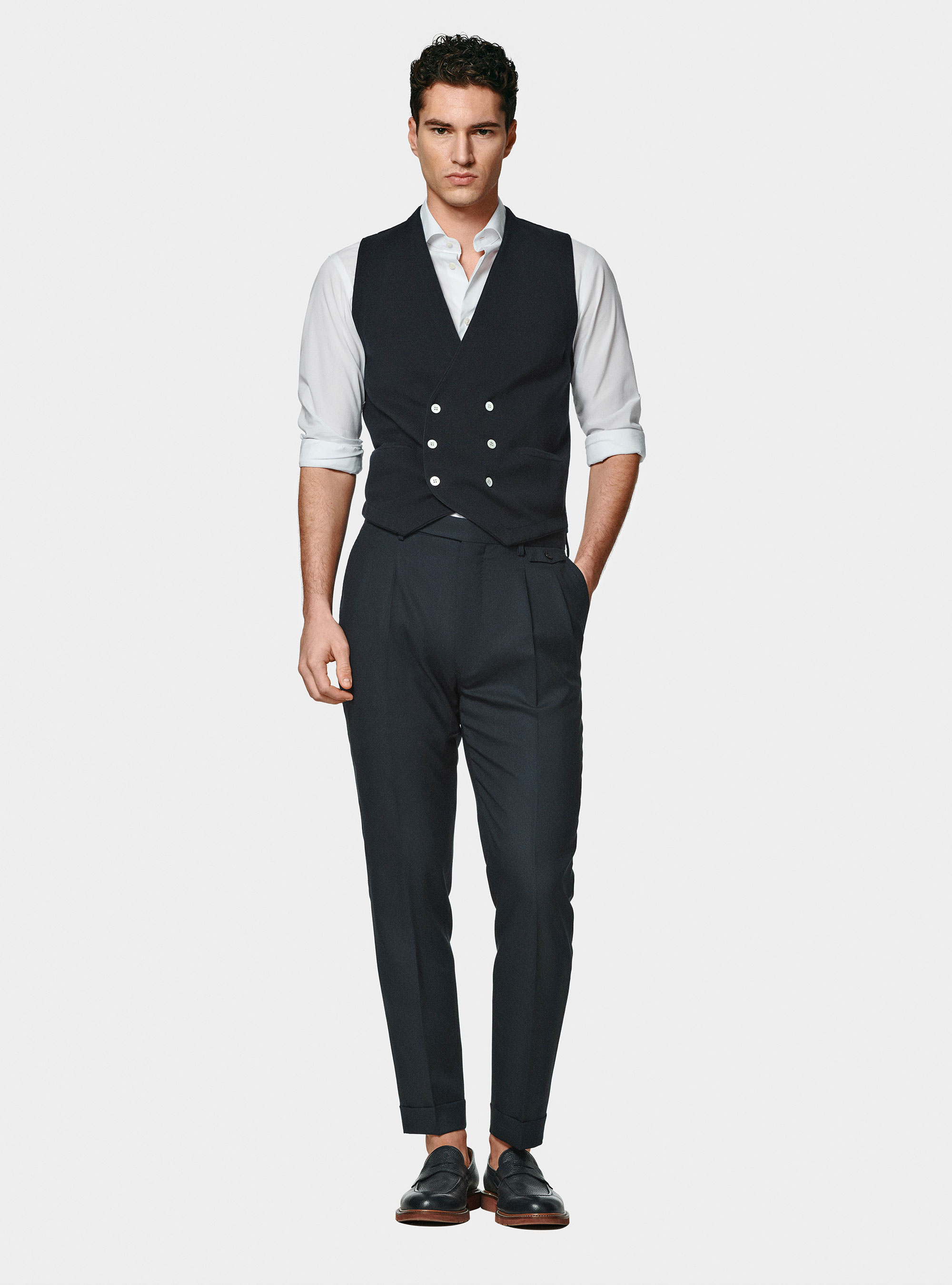 Double-breasted cotton knit waistcoat, NAVY BLUE
