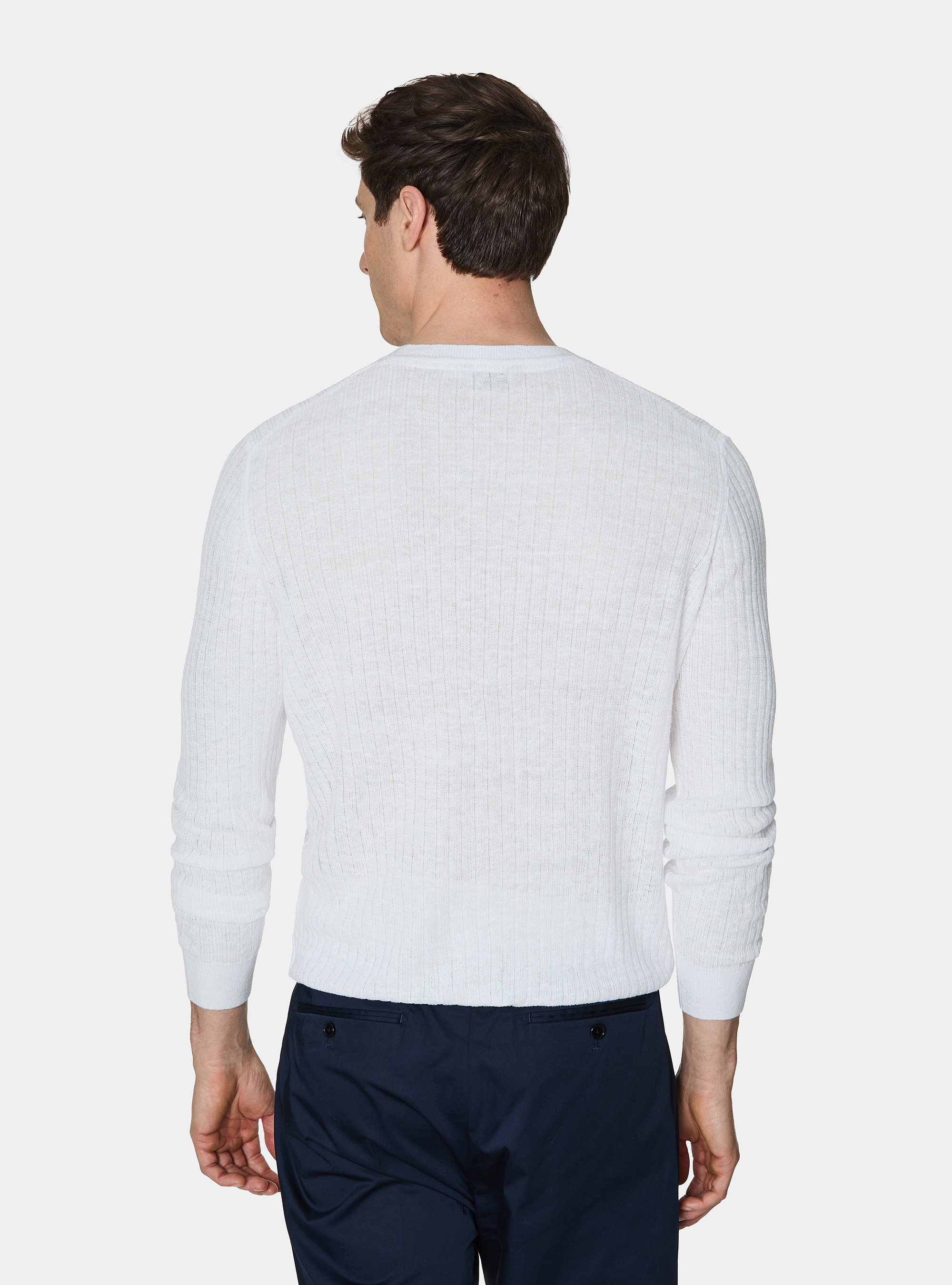 Maglia girocollo a costine in puro lino, BIANCO