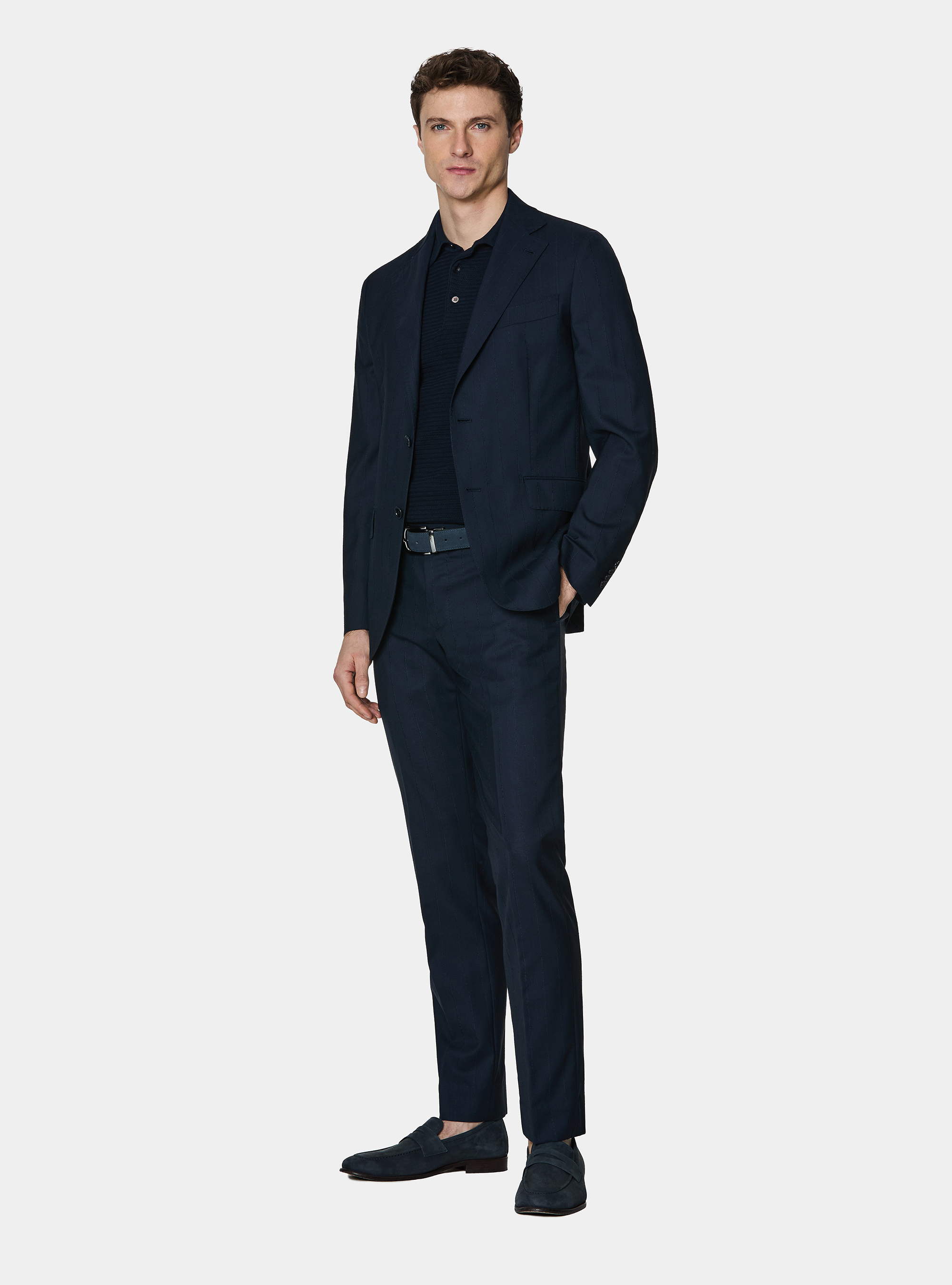 Pinstriped suit blazer in 100% wool, NAVY BLUE