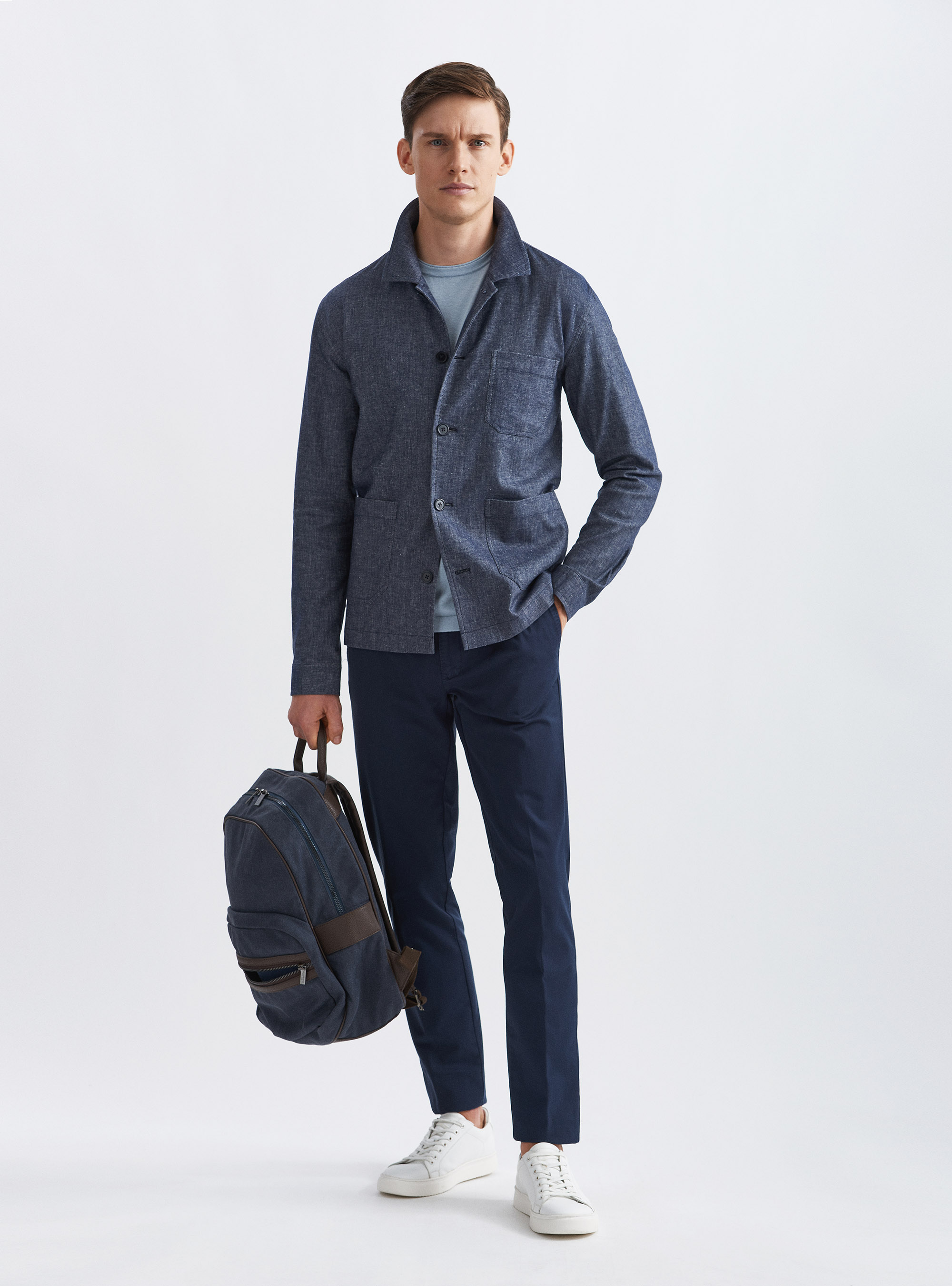 Giacca camicia in cotone e lino effetto denim, BLU NAVY