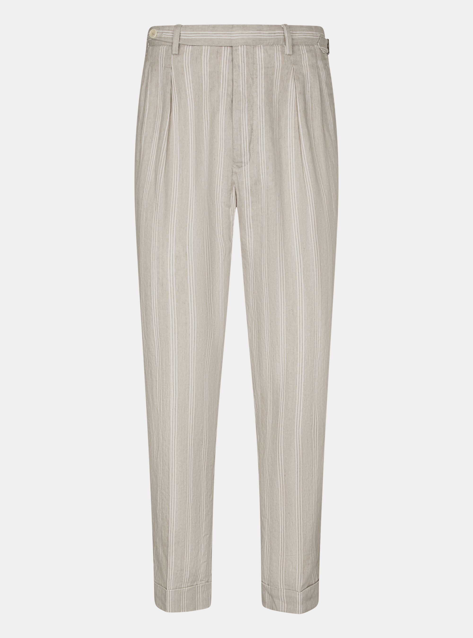Linen and cotton double pleat trousers with strap, ECRU
