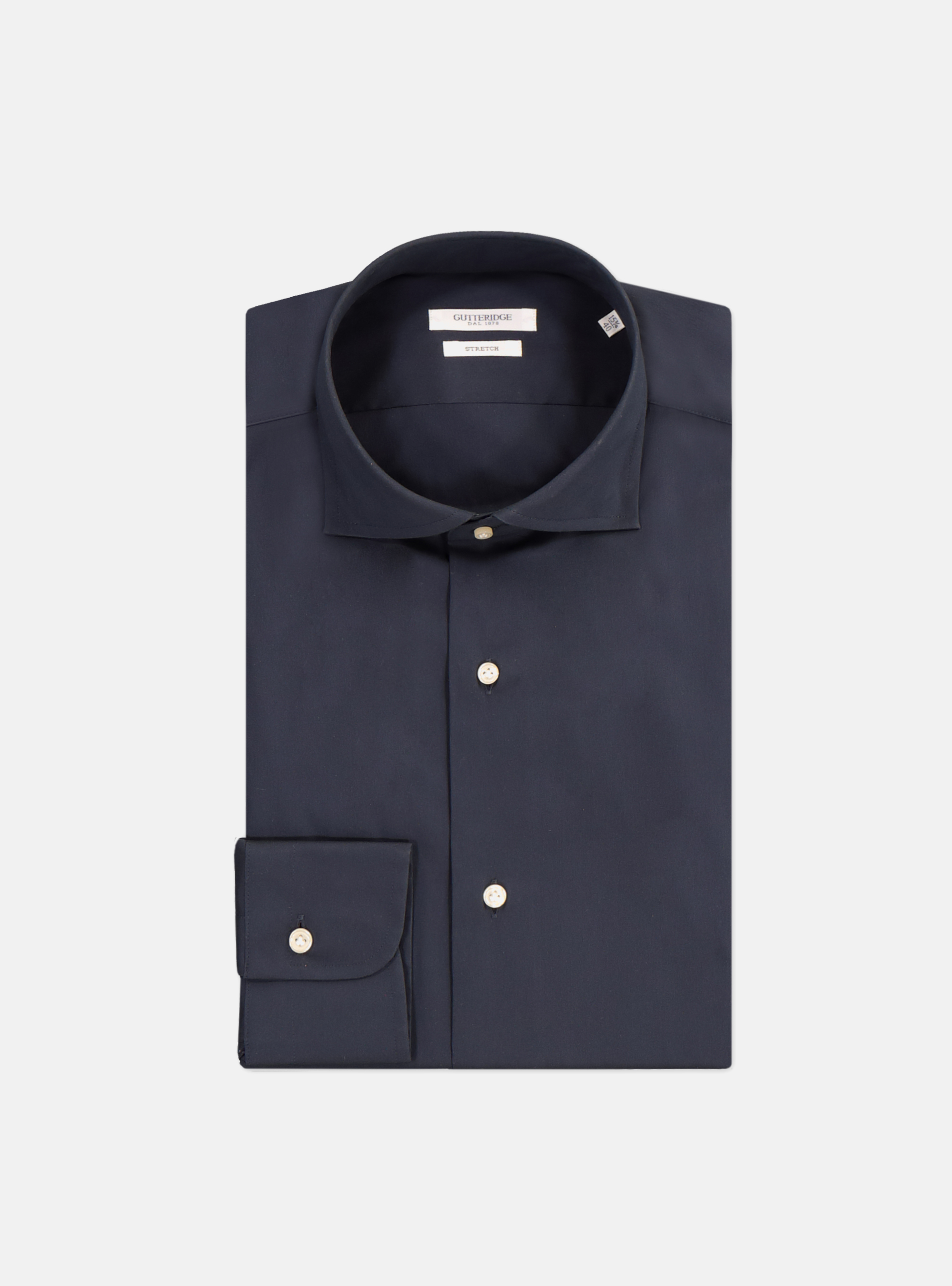 Camicia in cotone popeline stretch con collo francese semiaperto, BLU NAVY