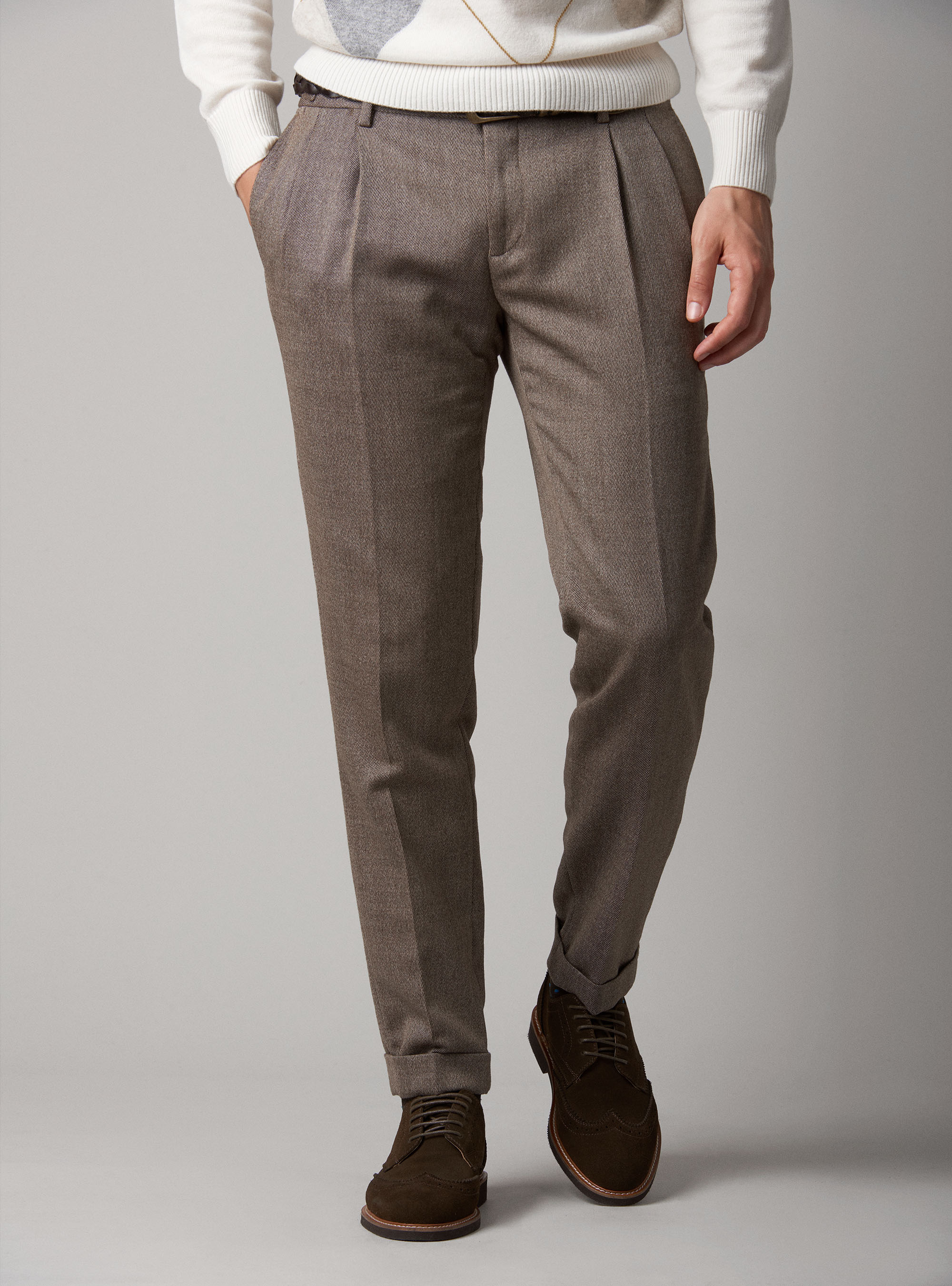 Pantaloni in twill di lana con doppia pinces, ECRU