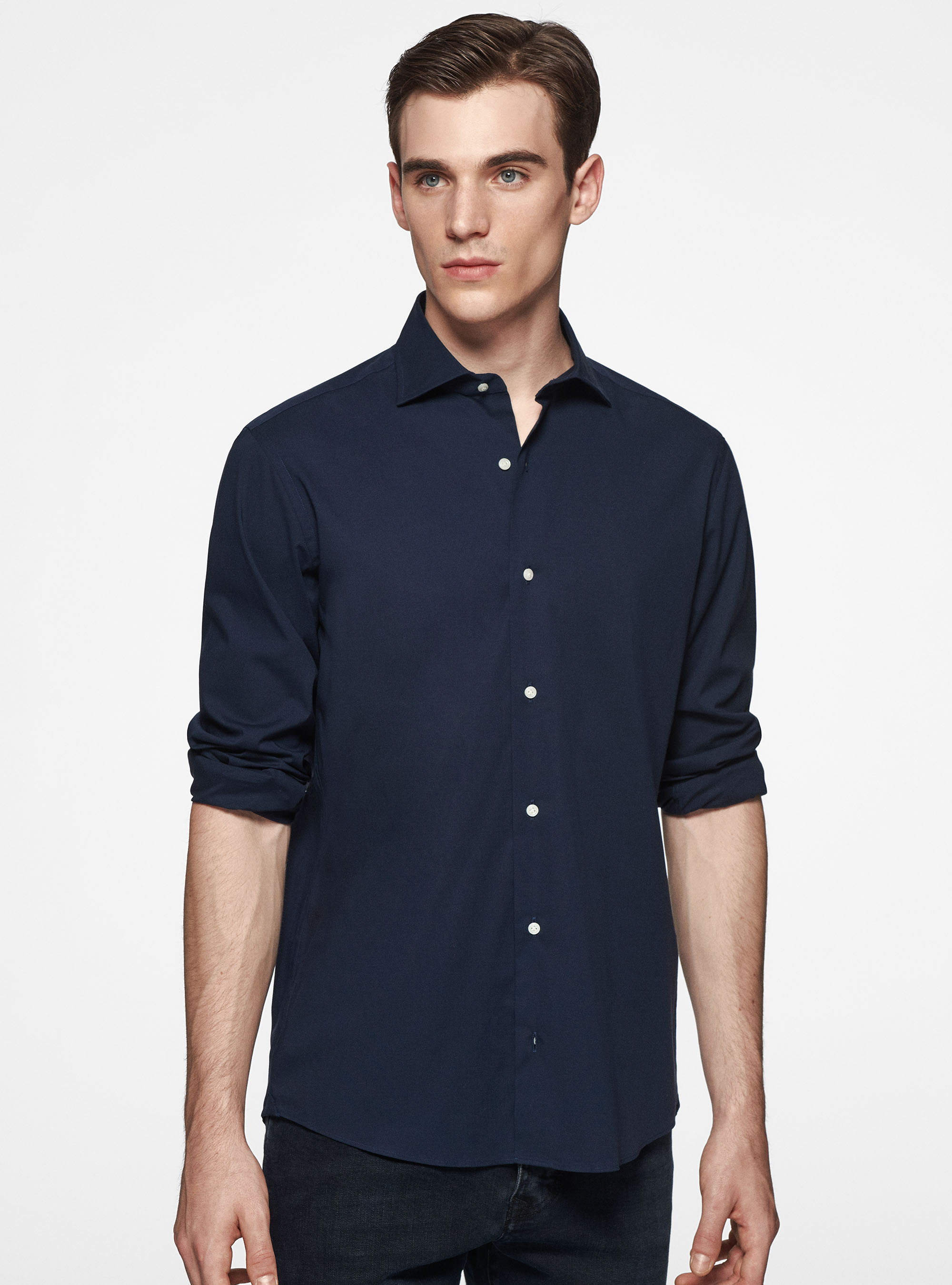 Camicia in popeline stretch, BLU NAVY