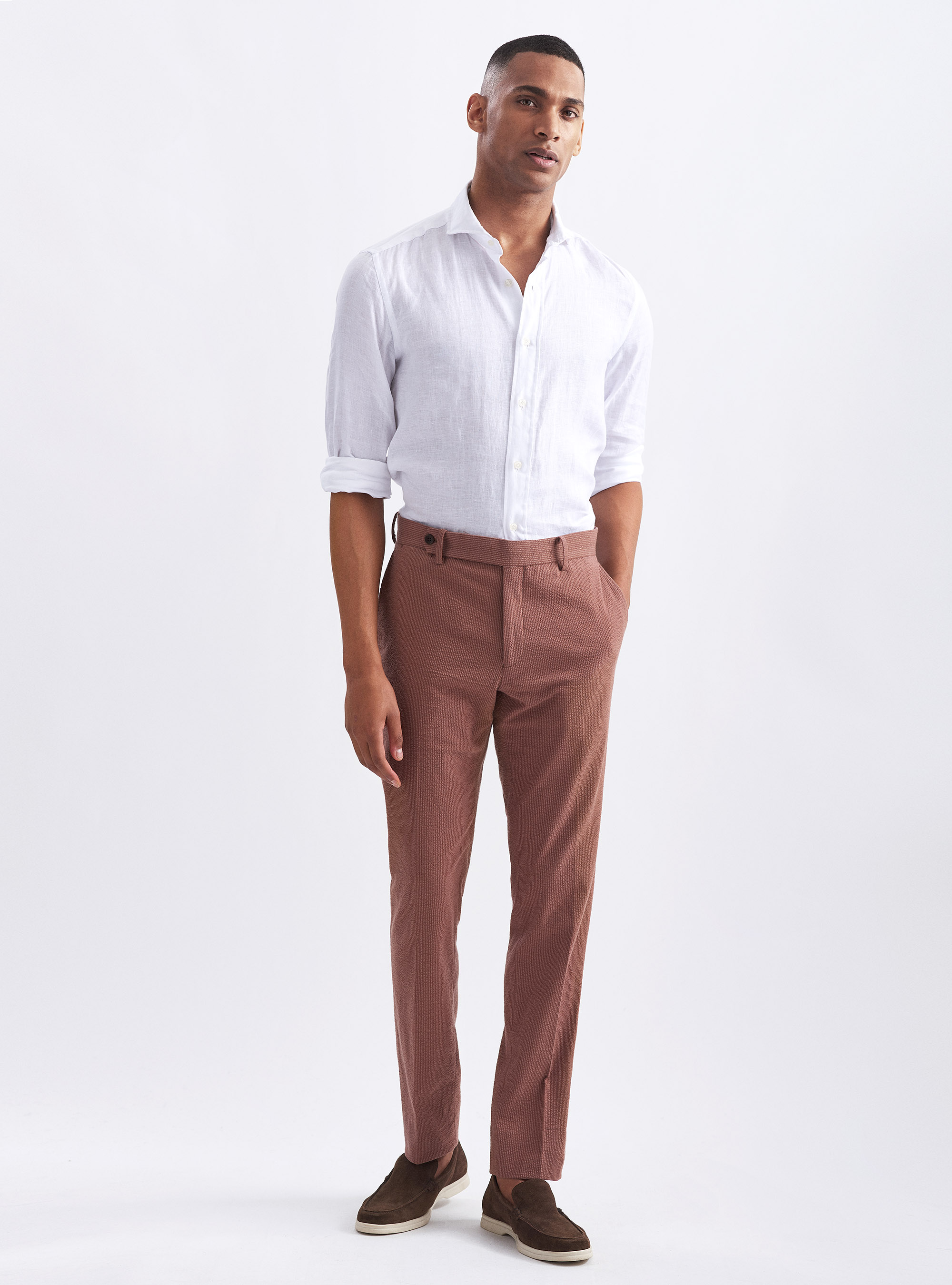 Camicia collo francese in lino, BIANCO