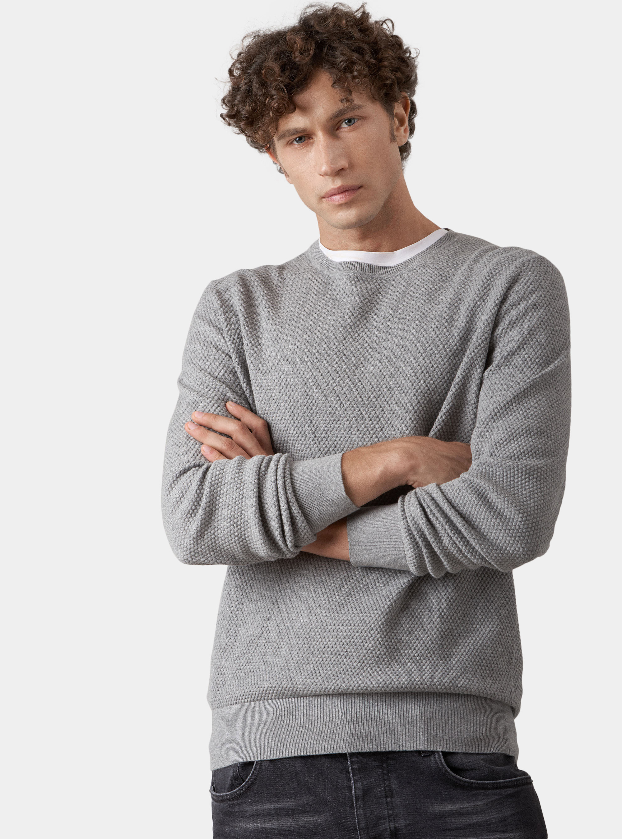 Maglia con collo rotondo in cotone e cashmere, GRIGIO CHIARO MELANGE
