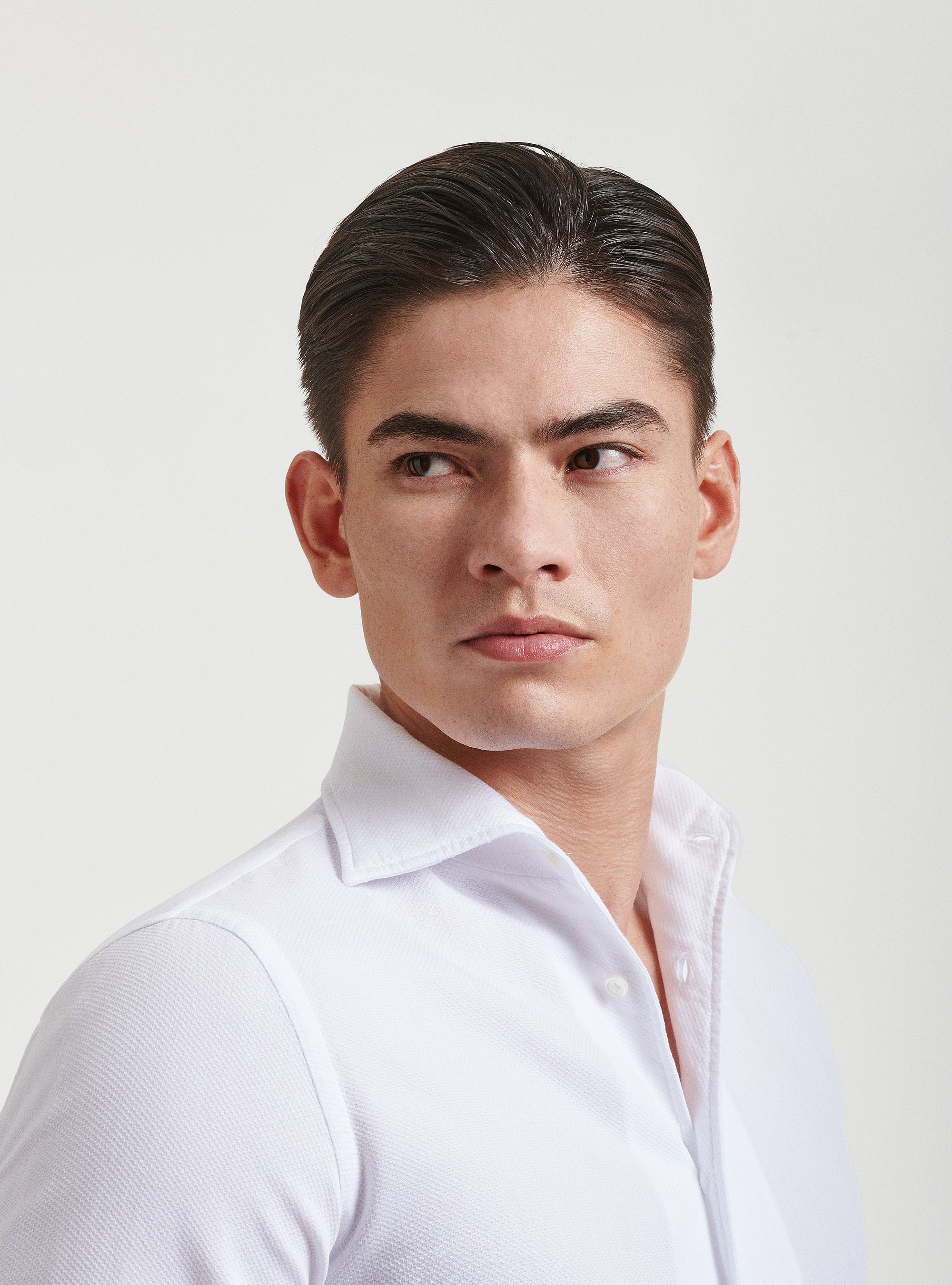 Camicia collo semi francese in cotone tinto in capo, BIANCO