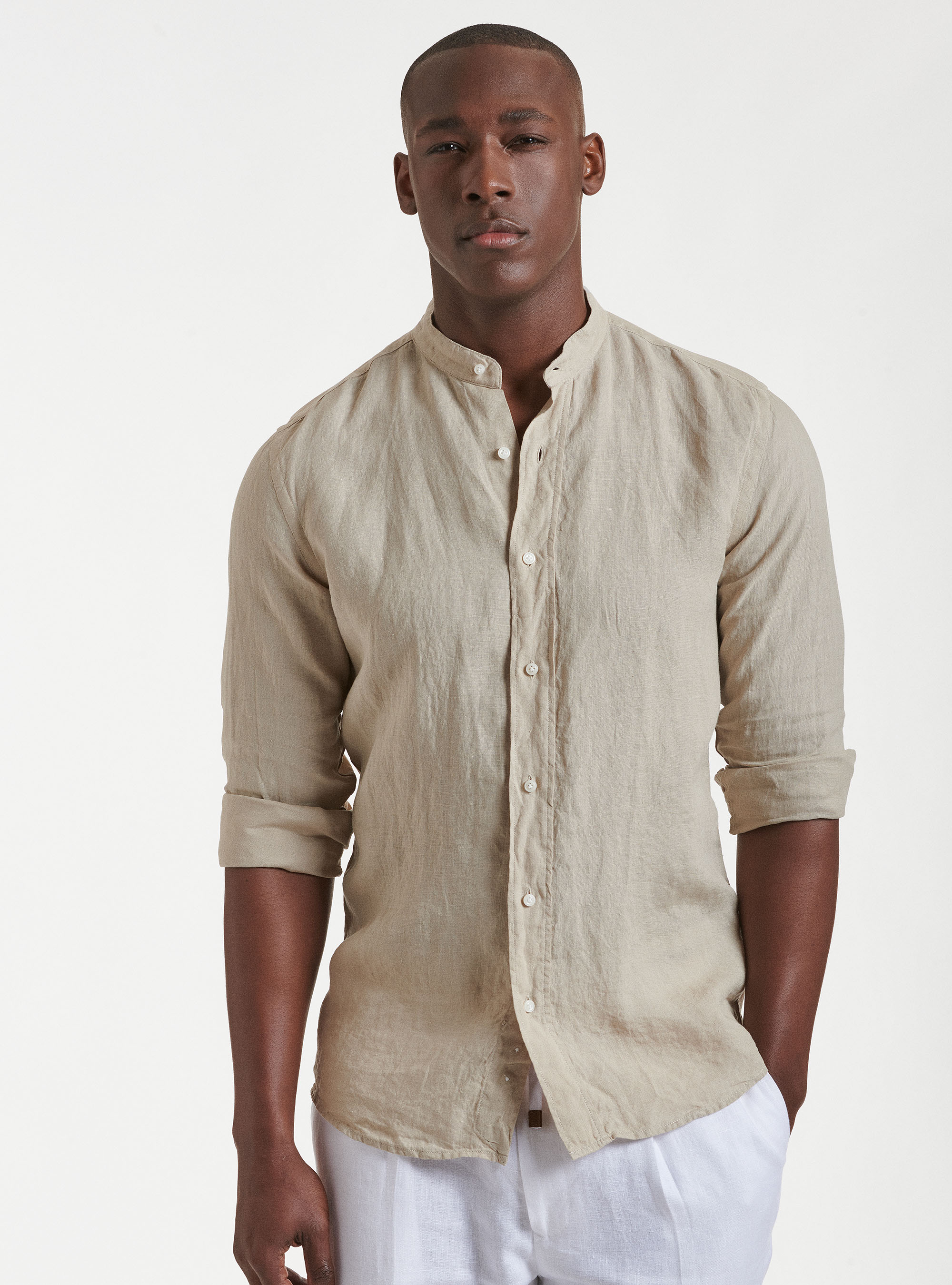 Pure linen Korean collar shirt, SAND
