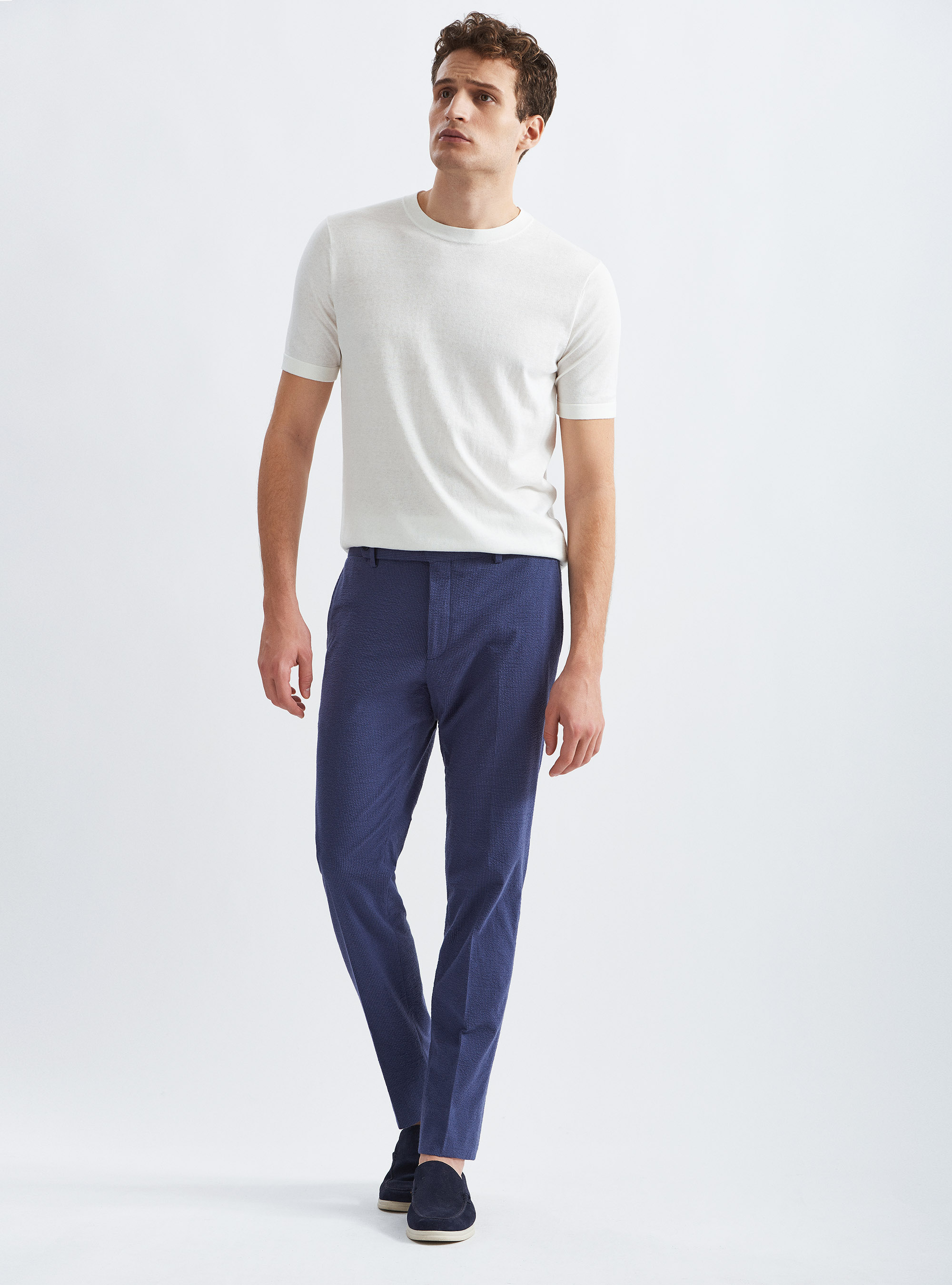 Pantalon en coton seersucker stretch, 0243C DENIM