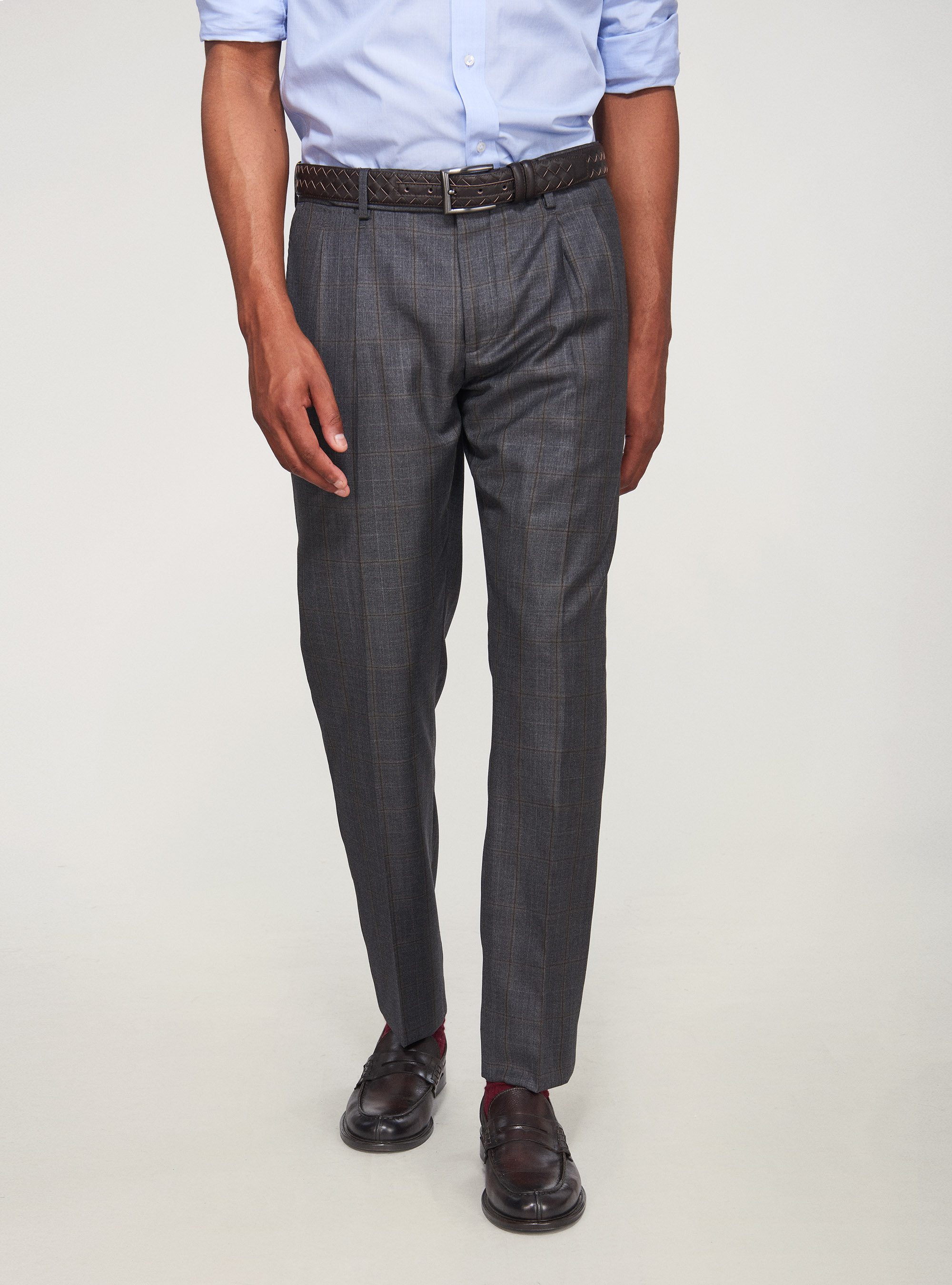 Pantaloni per abito a quadri in pura lana S110's, ASFALTO