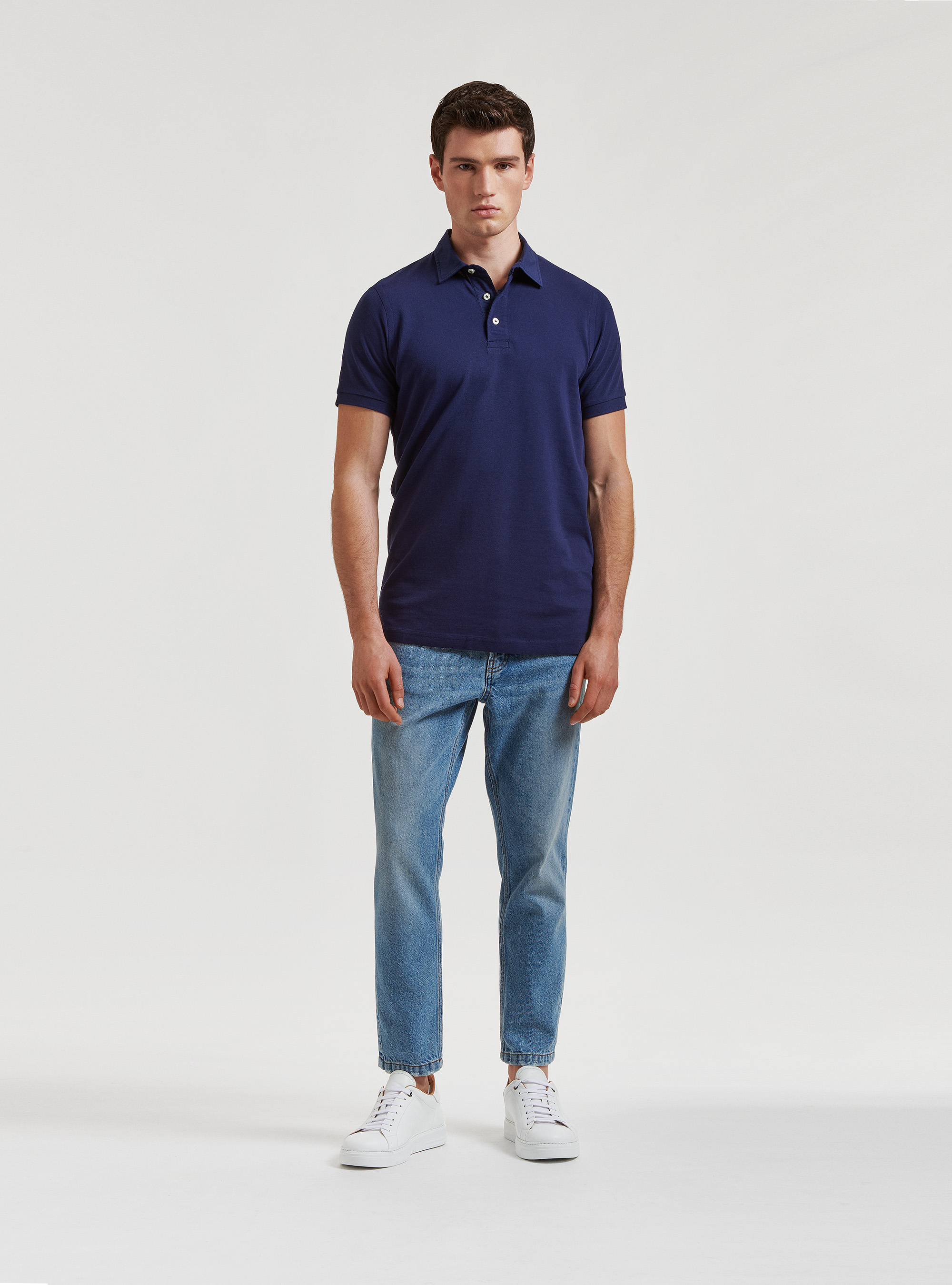 Polo in piquet con collo camicia, BLU