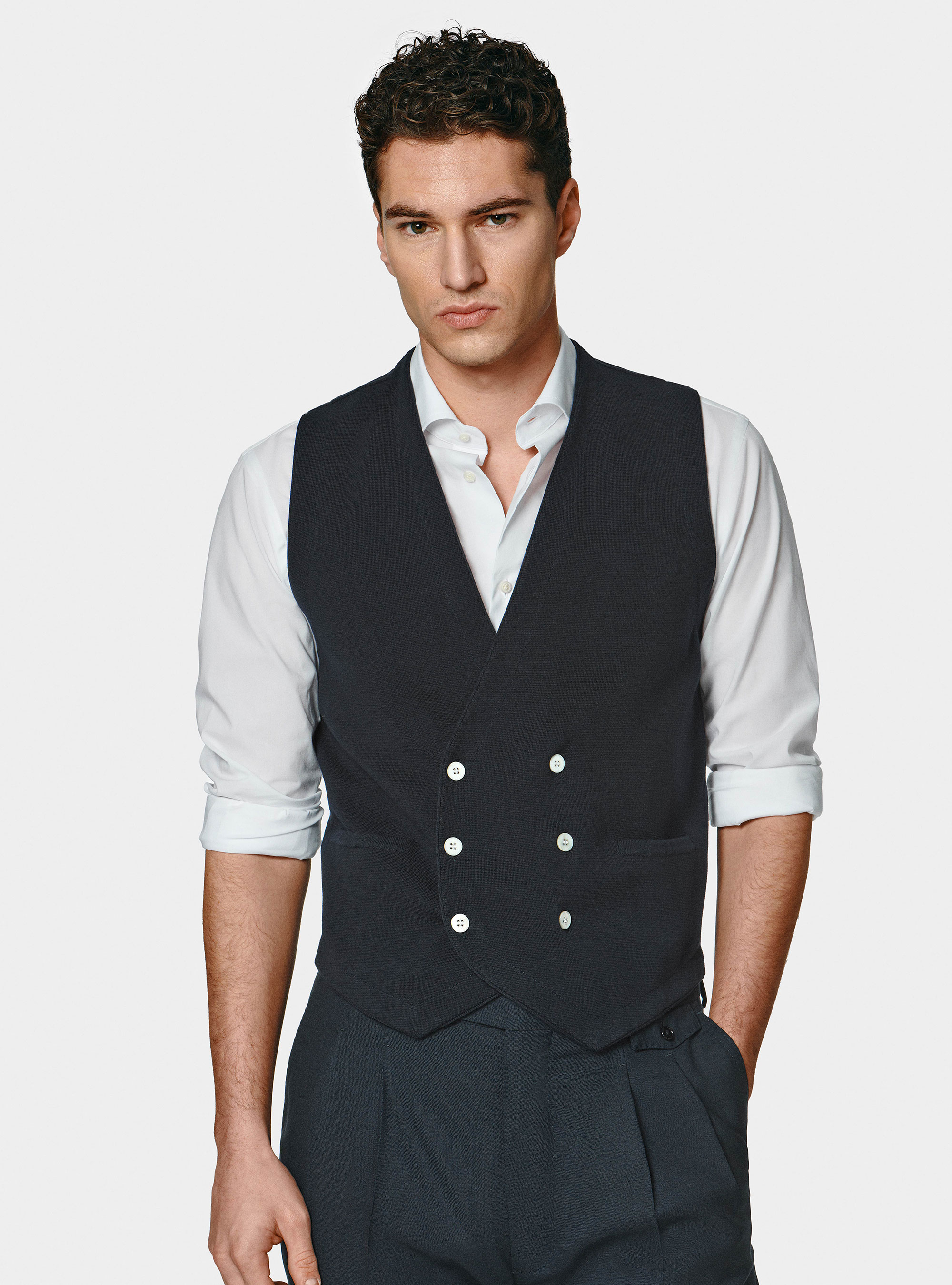 Double-breasted cotton knit waistcoat, NAVY BLUE