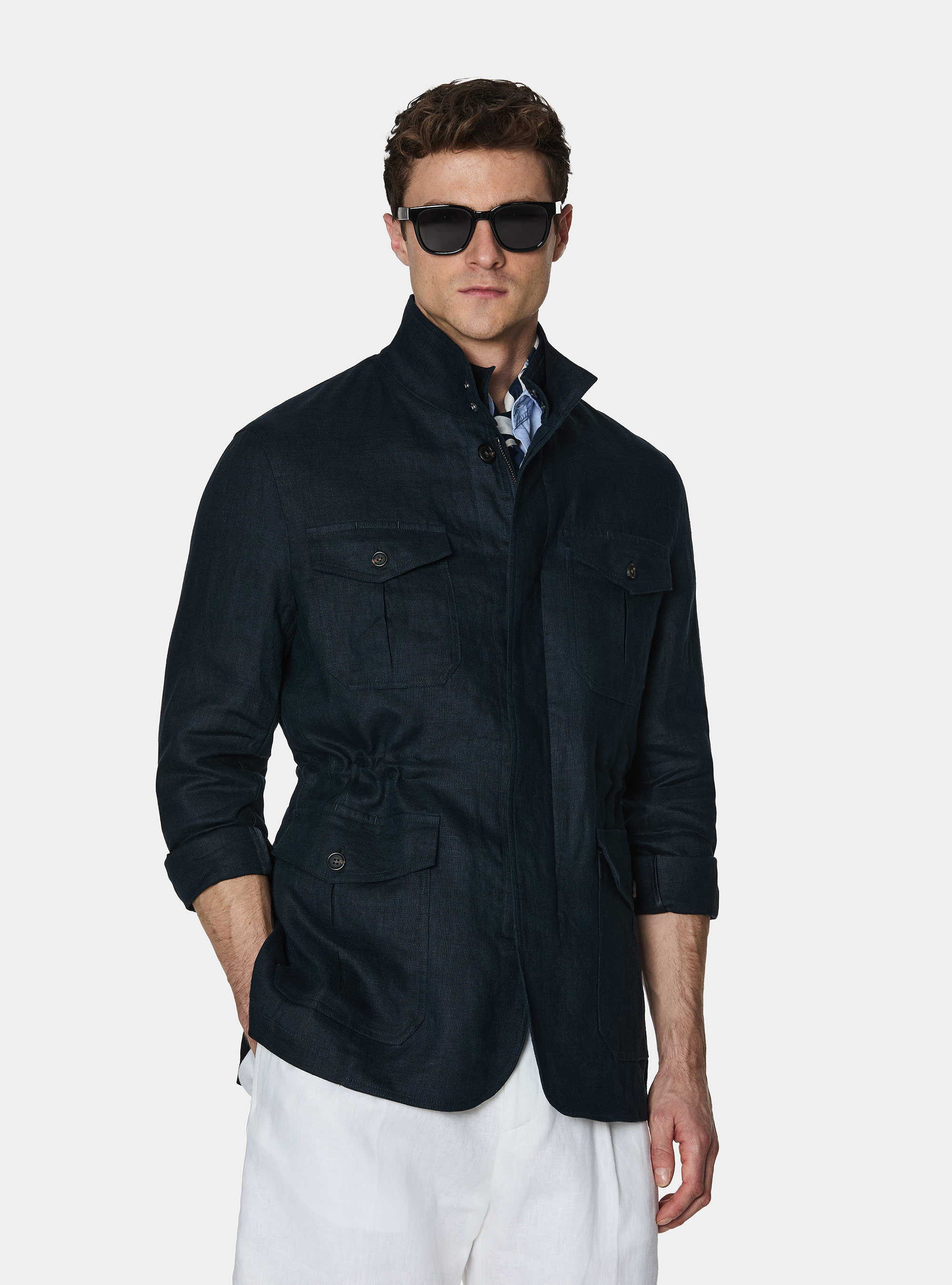 Field jacket in lino, AZUL MARINO