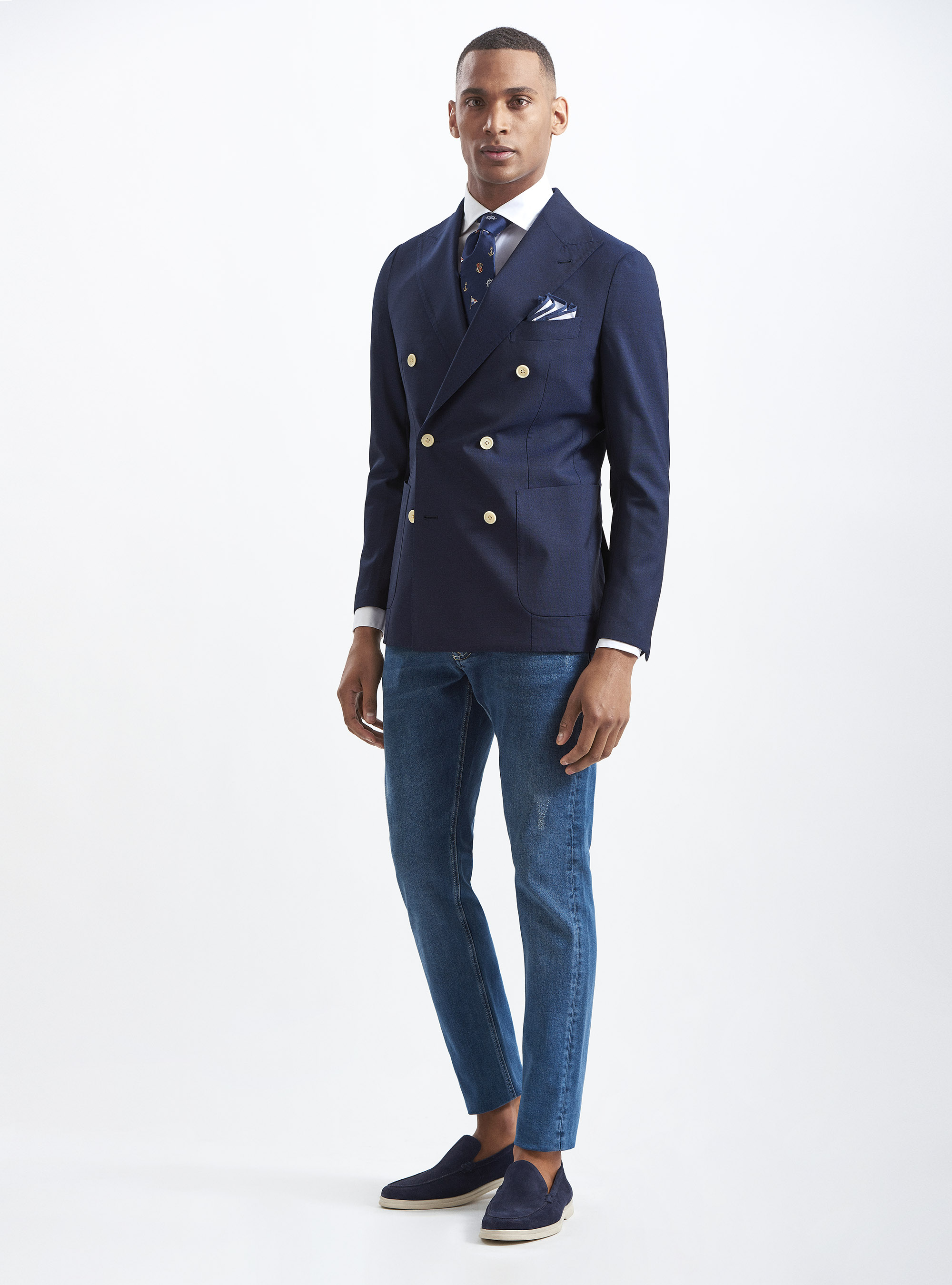 Giacca doppiopetto in pura lana tessuto Vitale Barberis Canonico, BLU NAVY