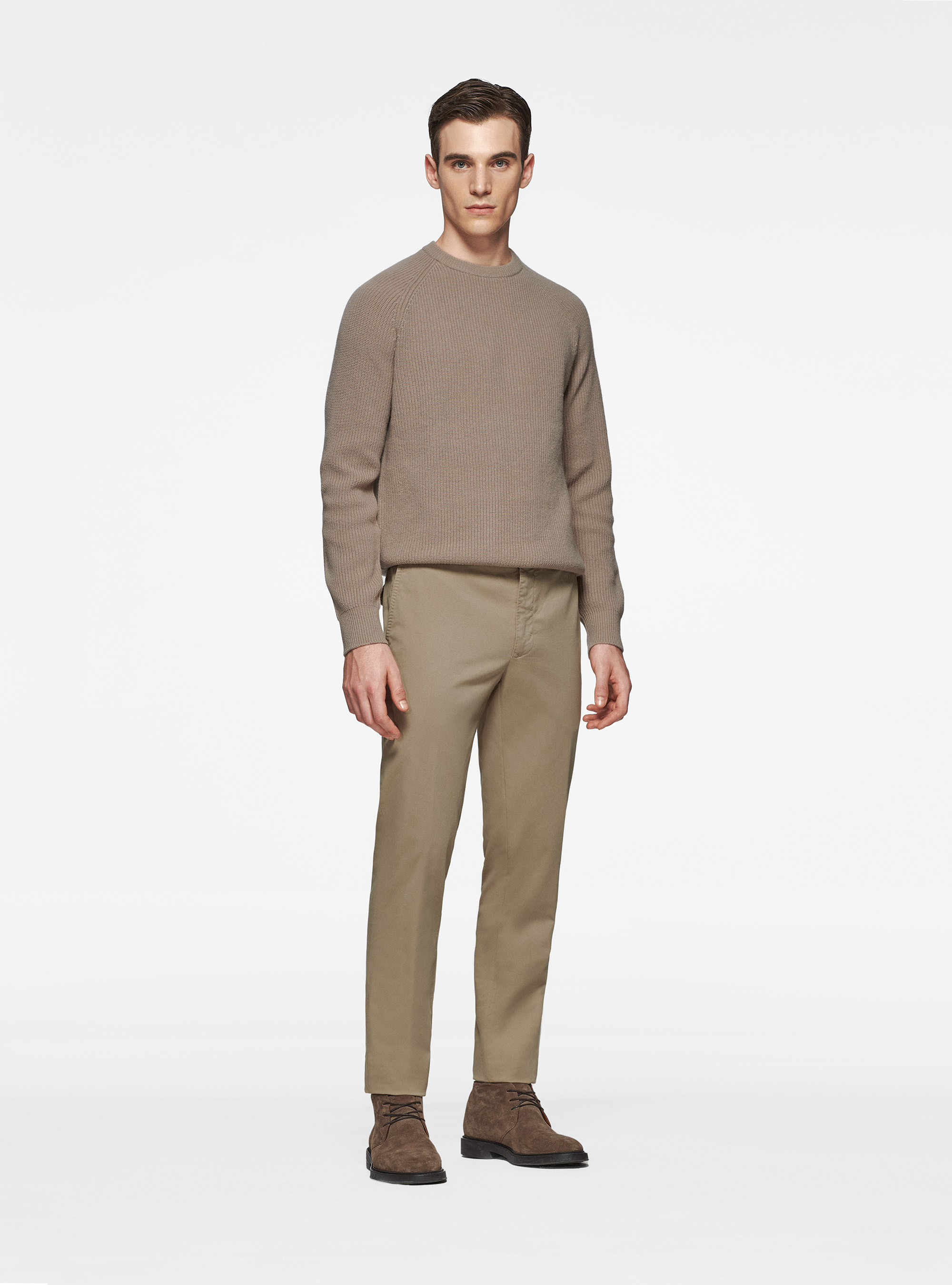 Maglia girocollo in lana merino costa perlata, SABBIA