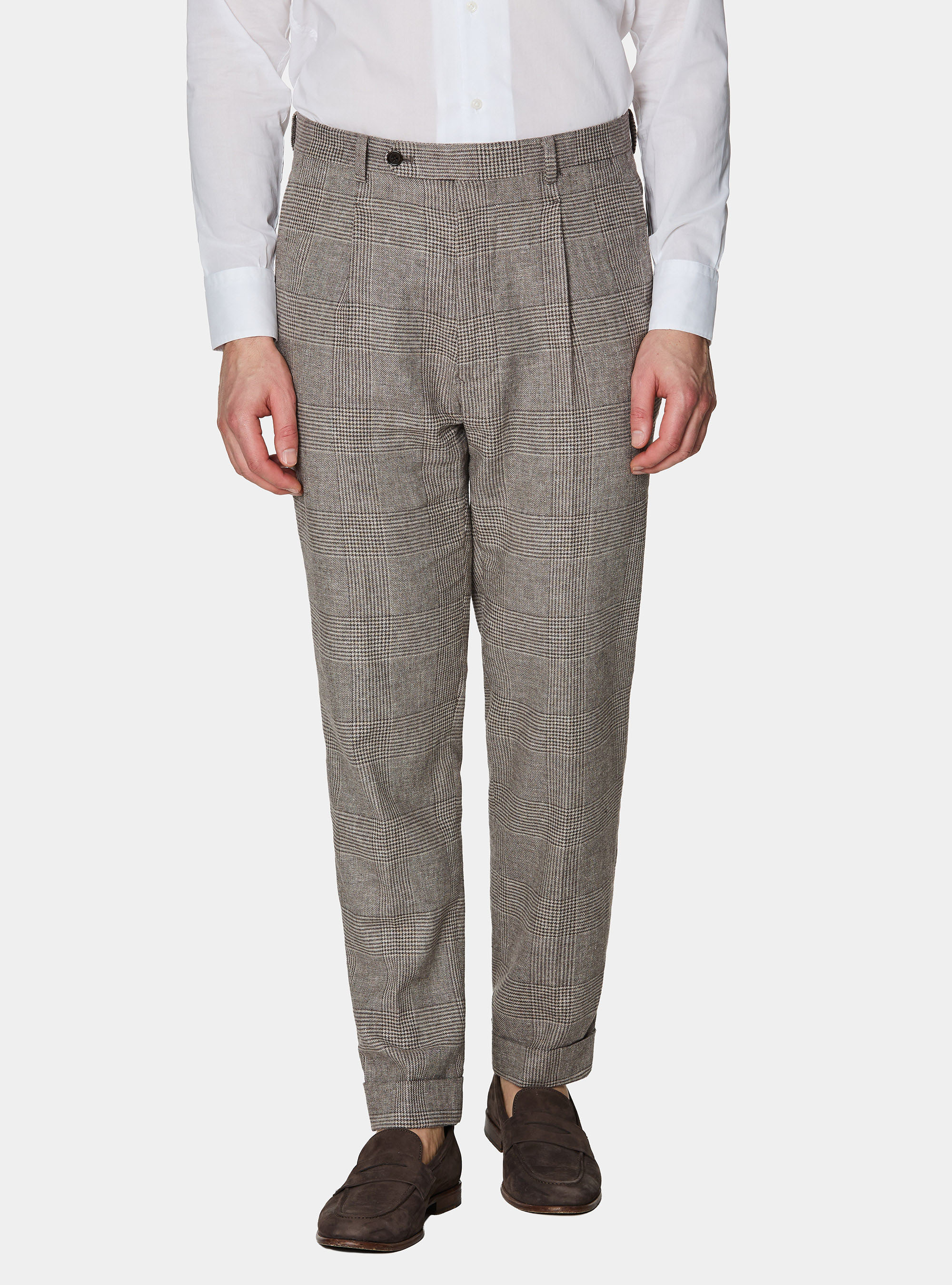 Pantaloni fantasia con pince in lino e cotone, MARRONE