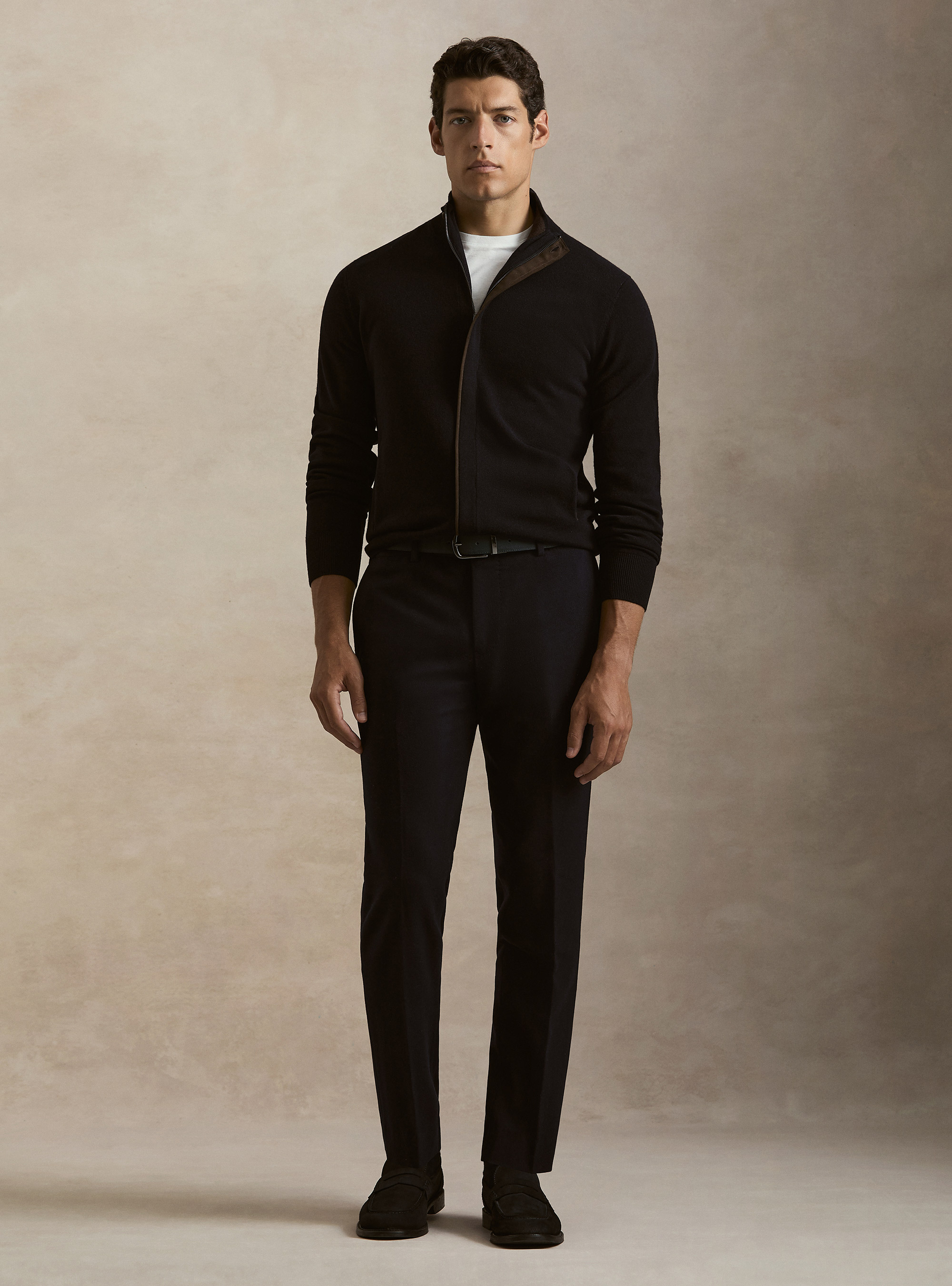 Zip-up cardigan in lambswool and cashmere blend, NAVY BLUE