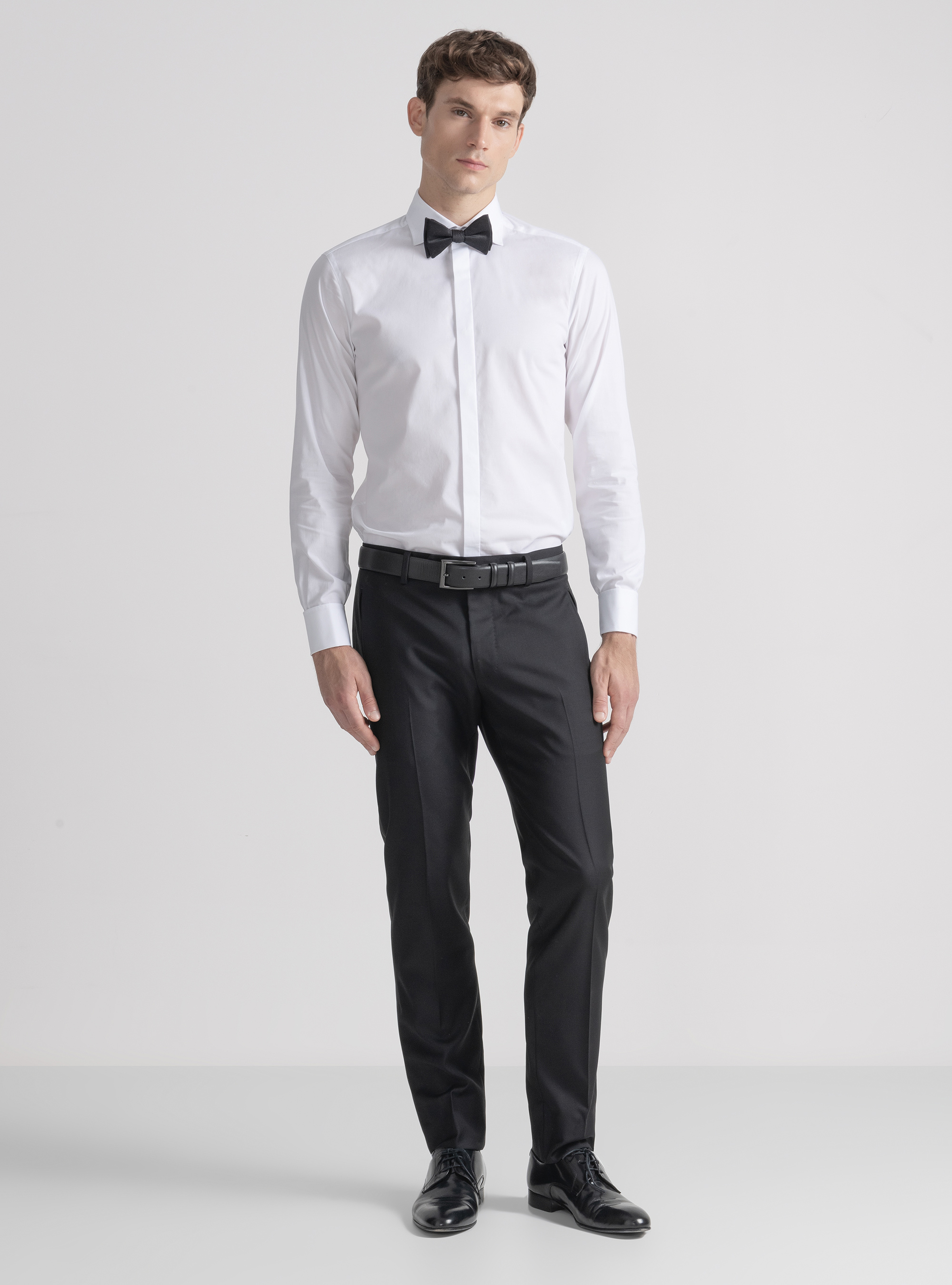 Stretch poplin smoking shirt with cufflinks, WHITE