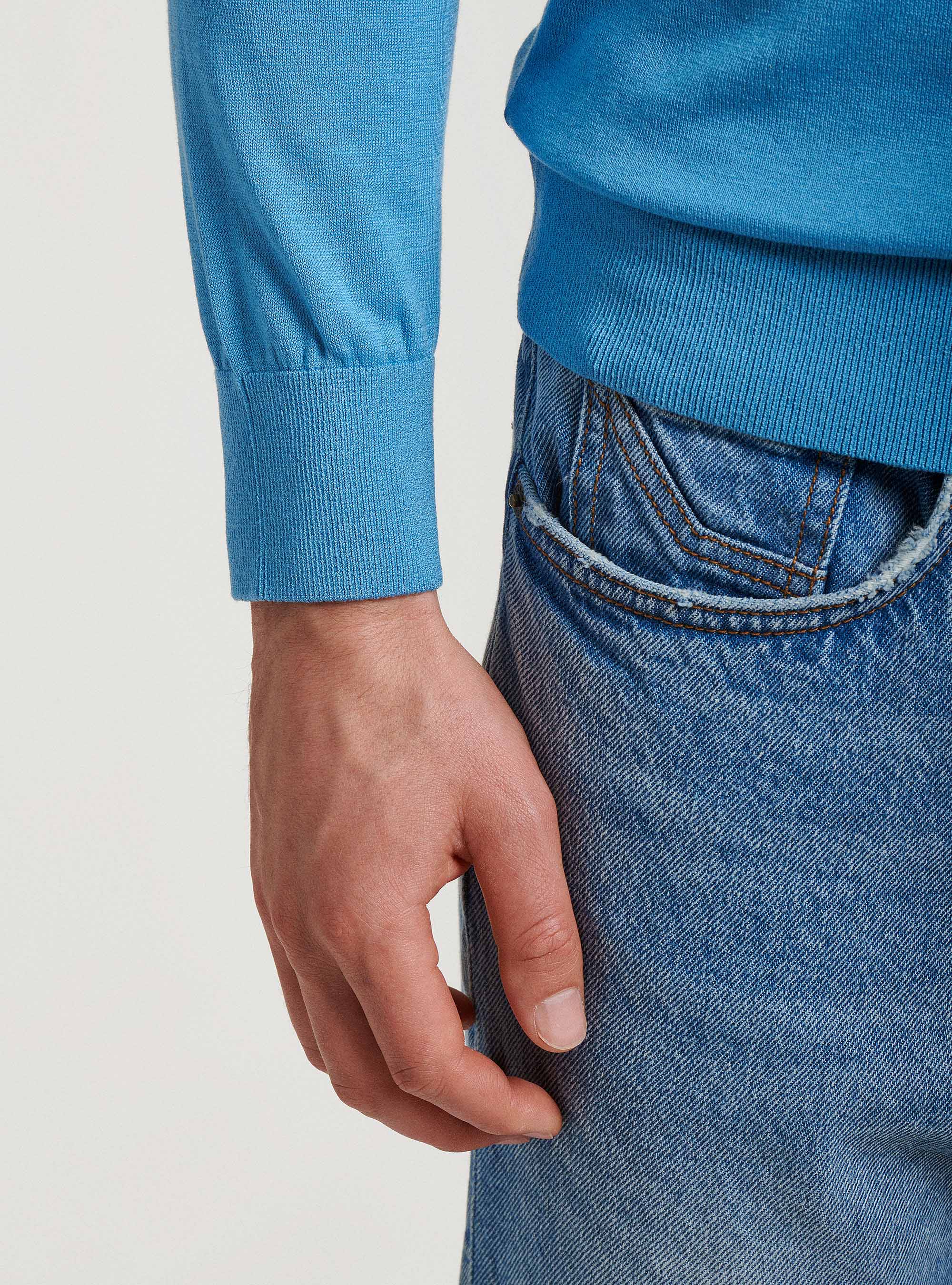 Maglia girocollo in seta e cotone, AZZURRO