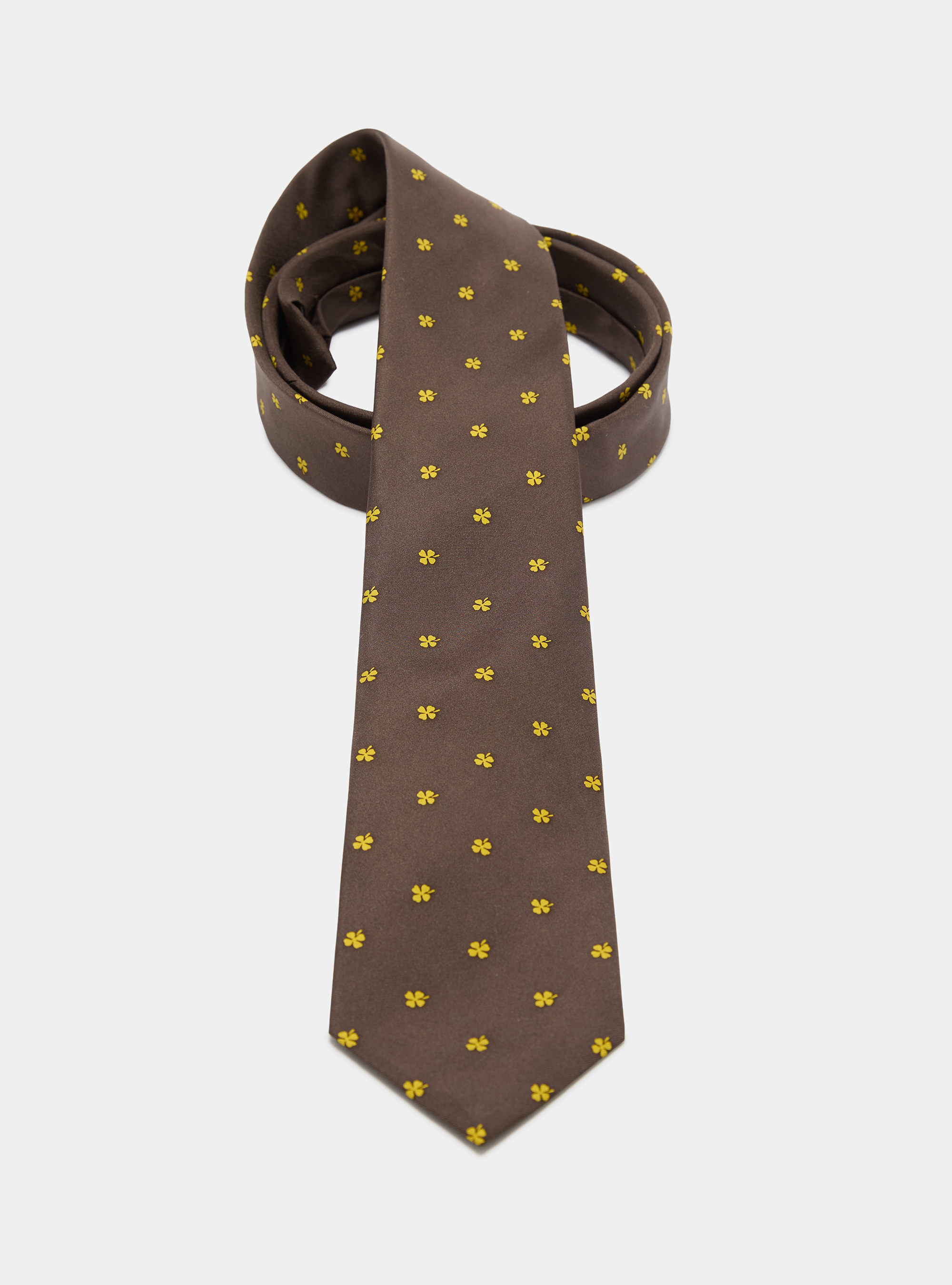 Silk tie with a four-leaf clover print, MARRONE/OCRA