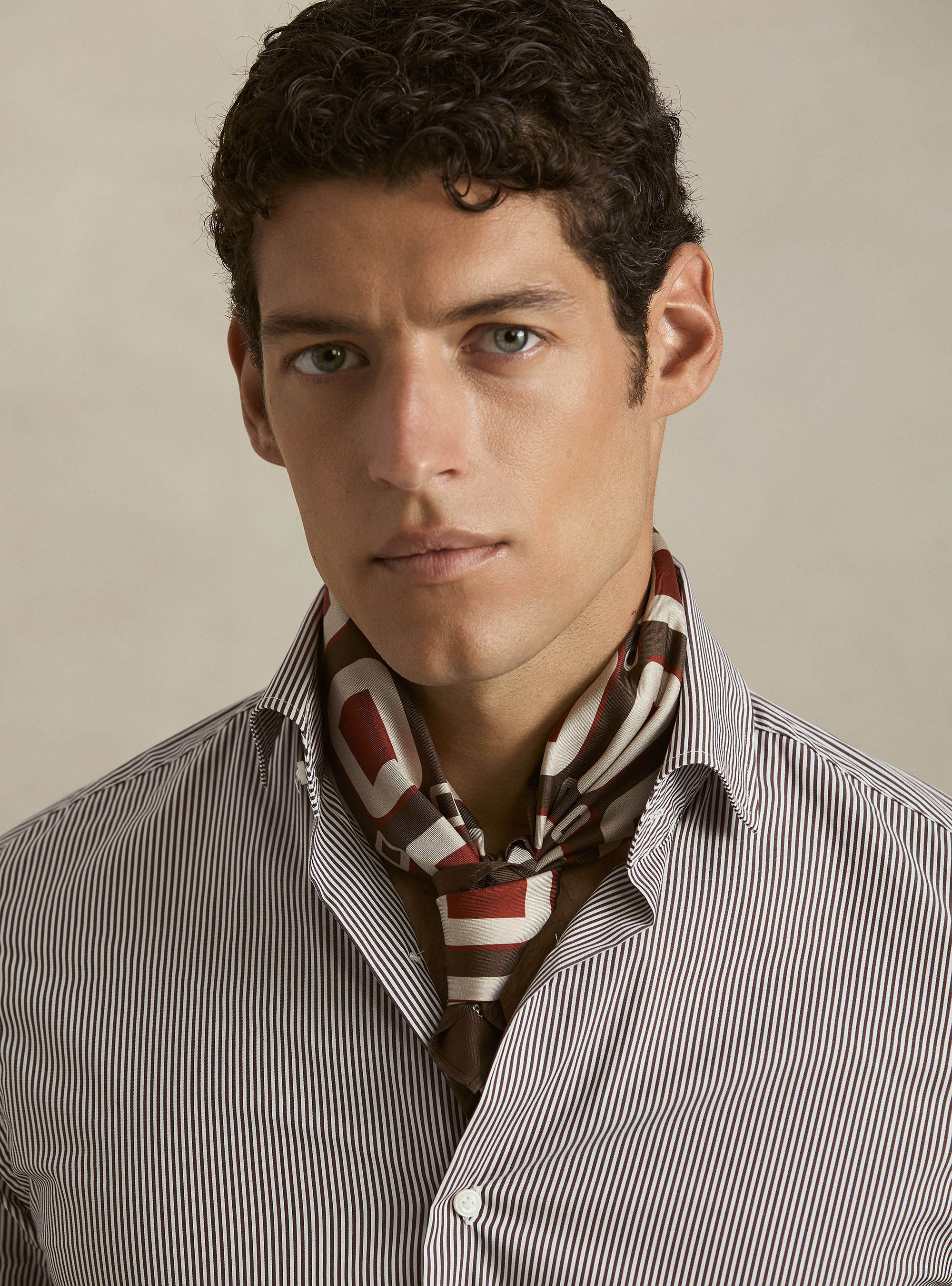 Striped cotton poplin stretch shirt, BROWN