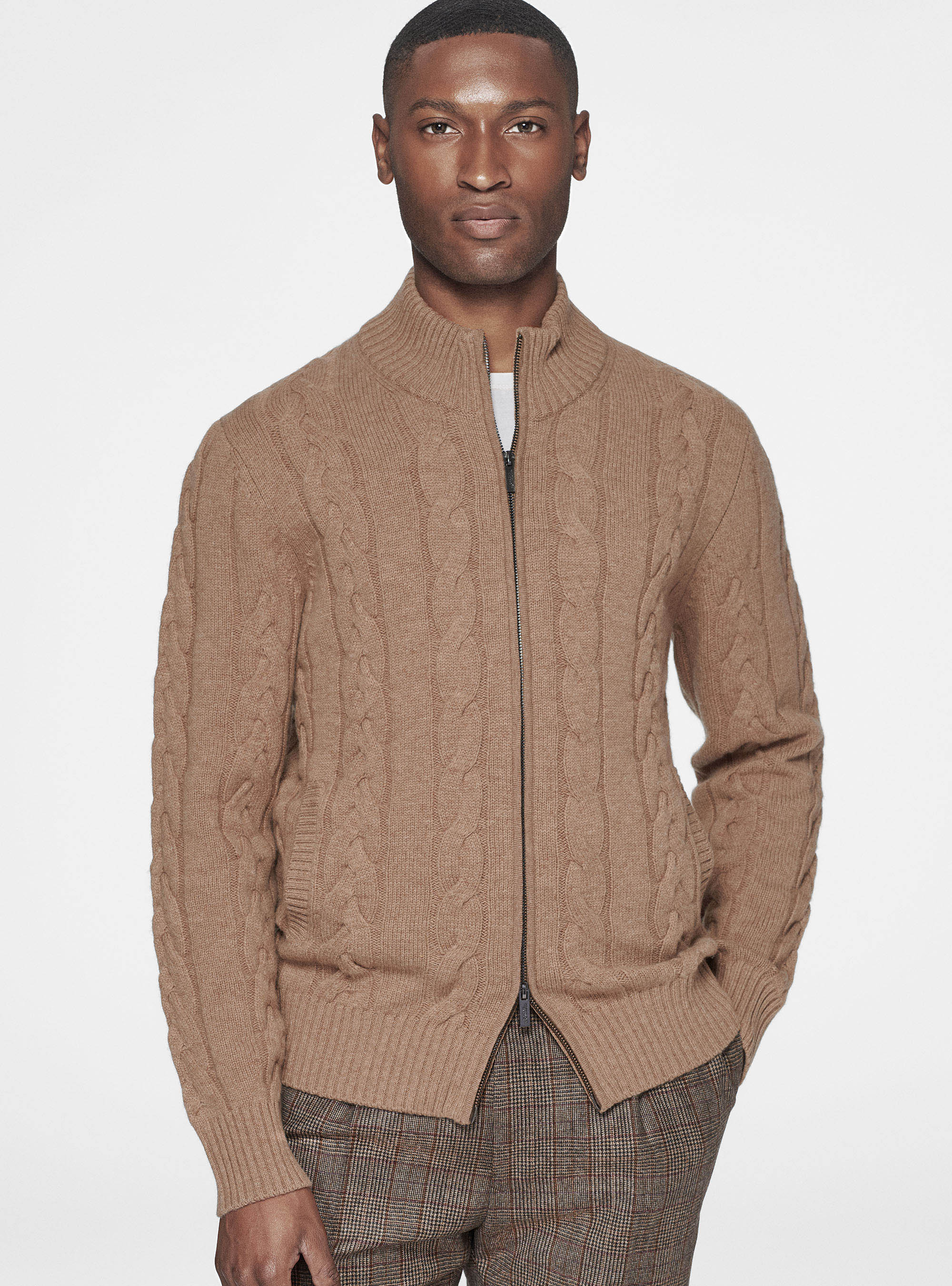 Cardigan in maglia a treccia in lana e cashmere, CAMMELLO 0570C