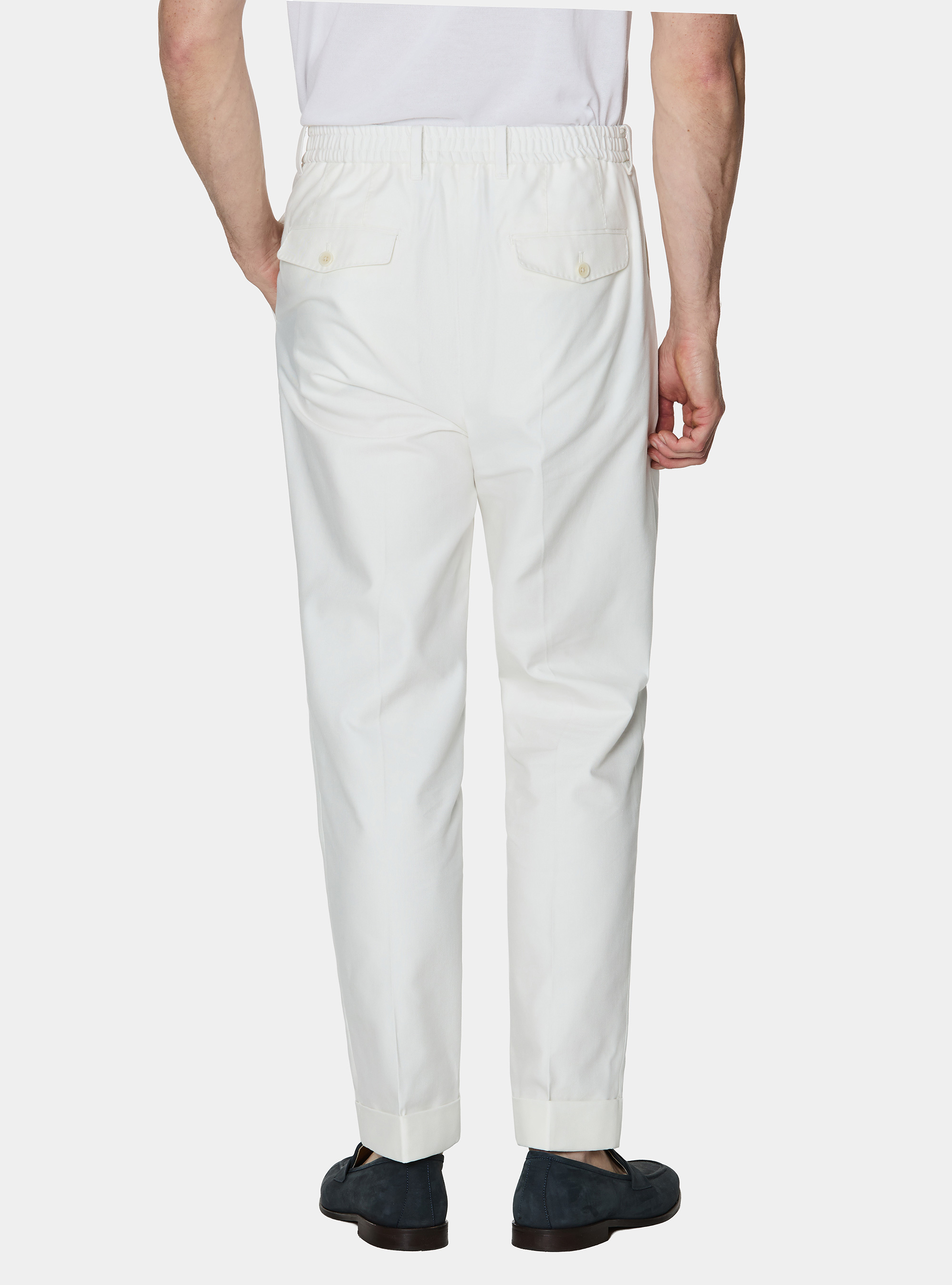 Trousers with pleats and elastic waistband in cotton tencel, WHITE