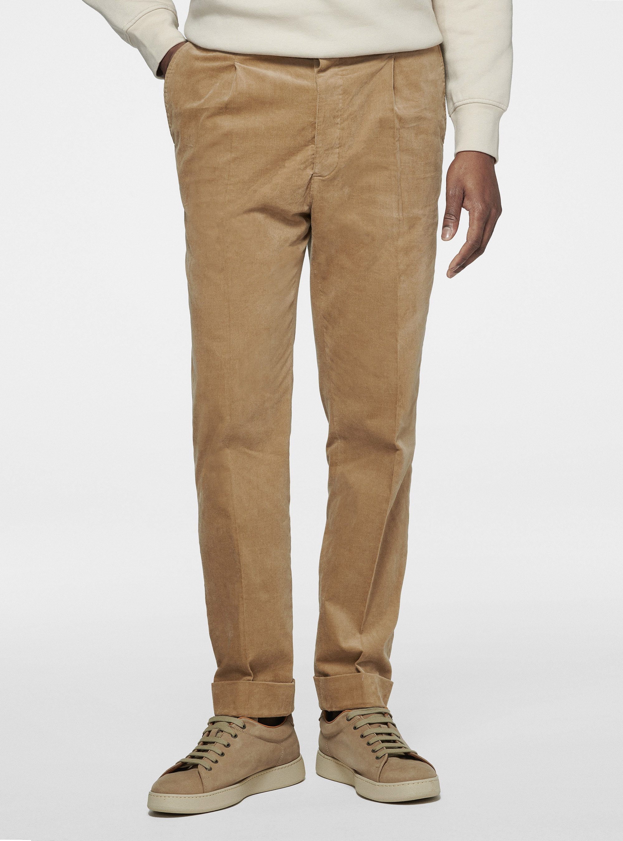 Pantaloni con elastico in velluto millerighe, SABBIA