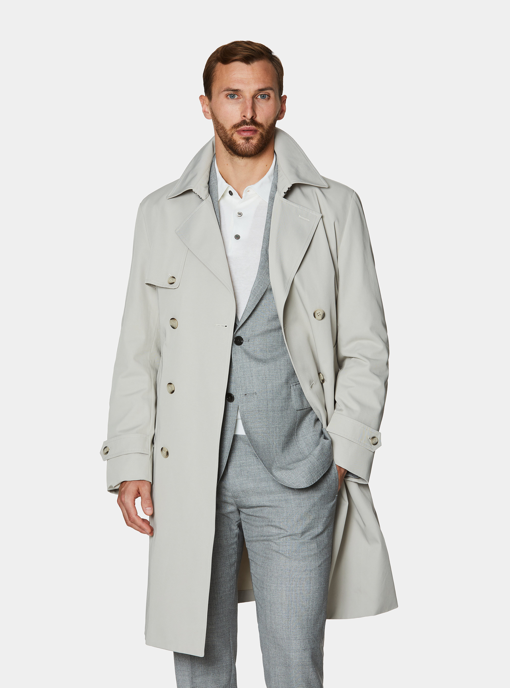 Trench doble botonadura de sarga de algod&oacute;n, CRUDO