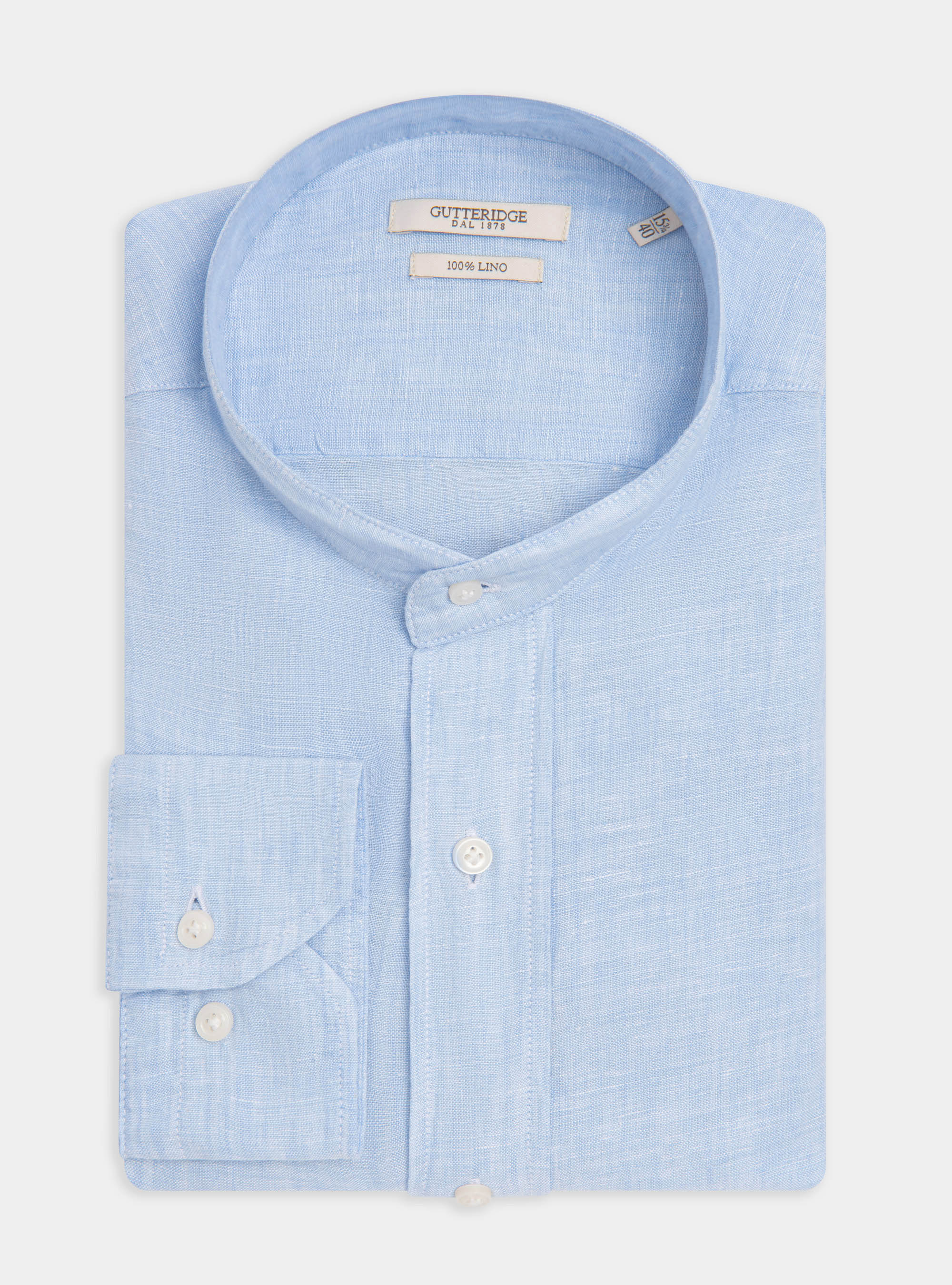 Camicia collo coreano in puro lino, AZZURRO