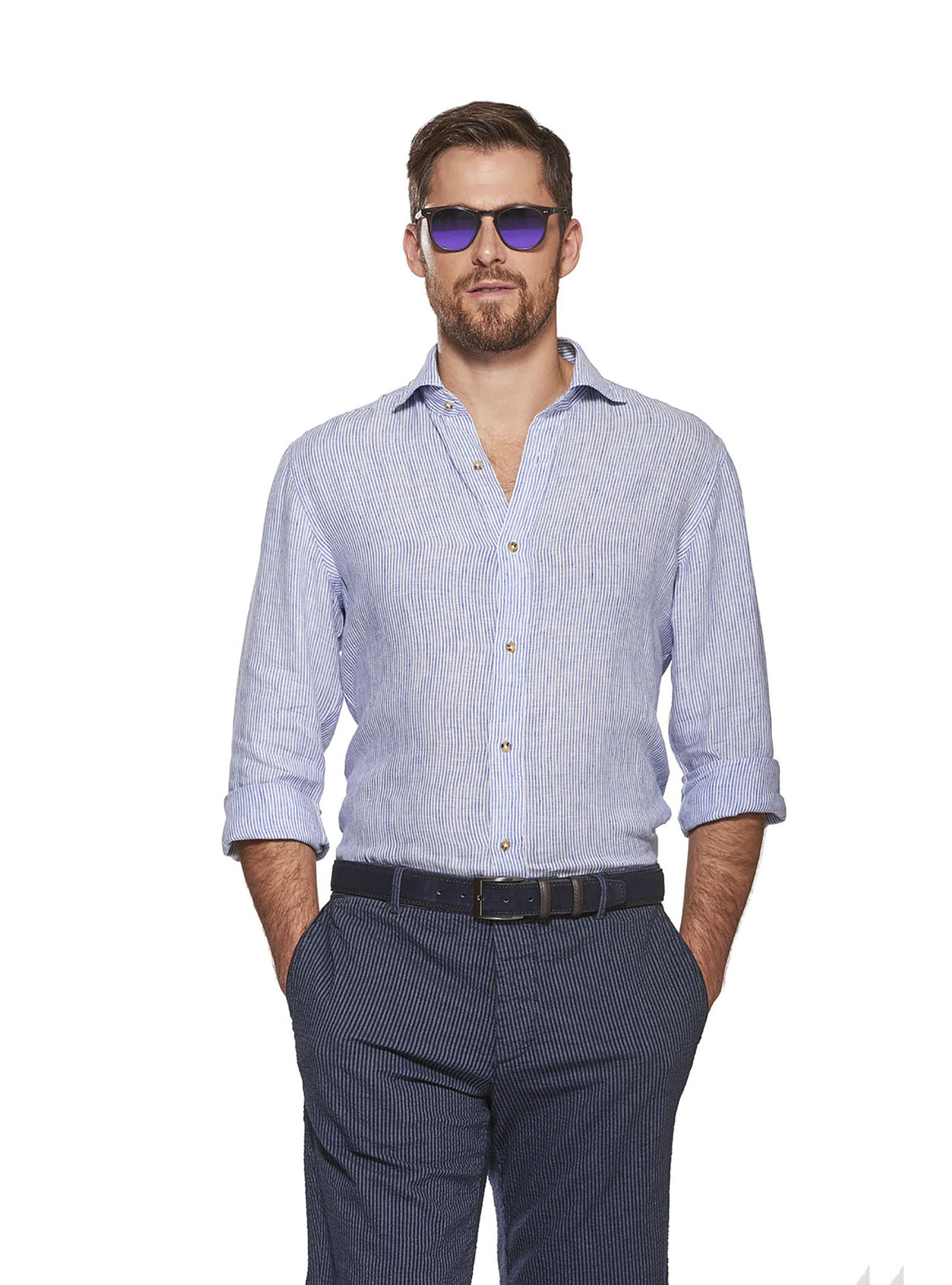 Striped linen semi-open collar french cuff shirt, BLUE