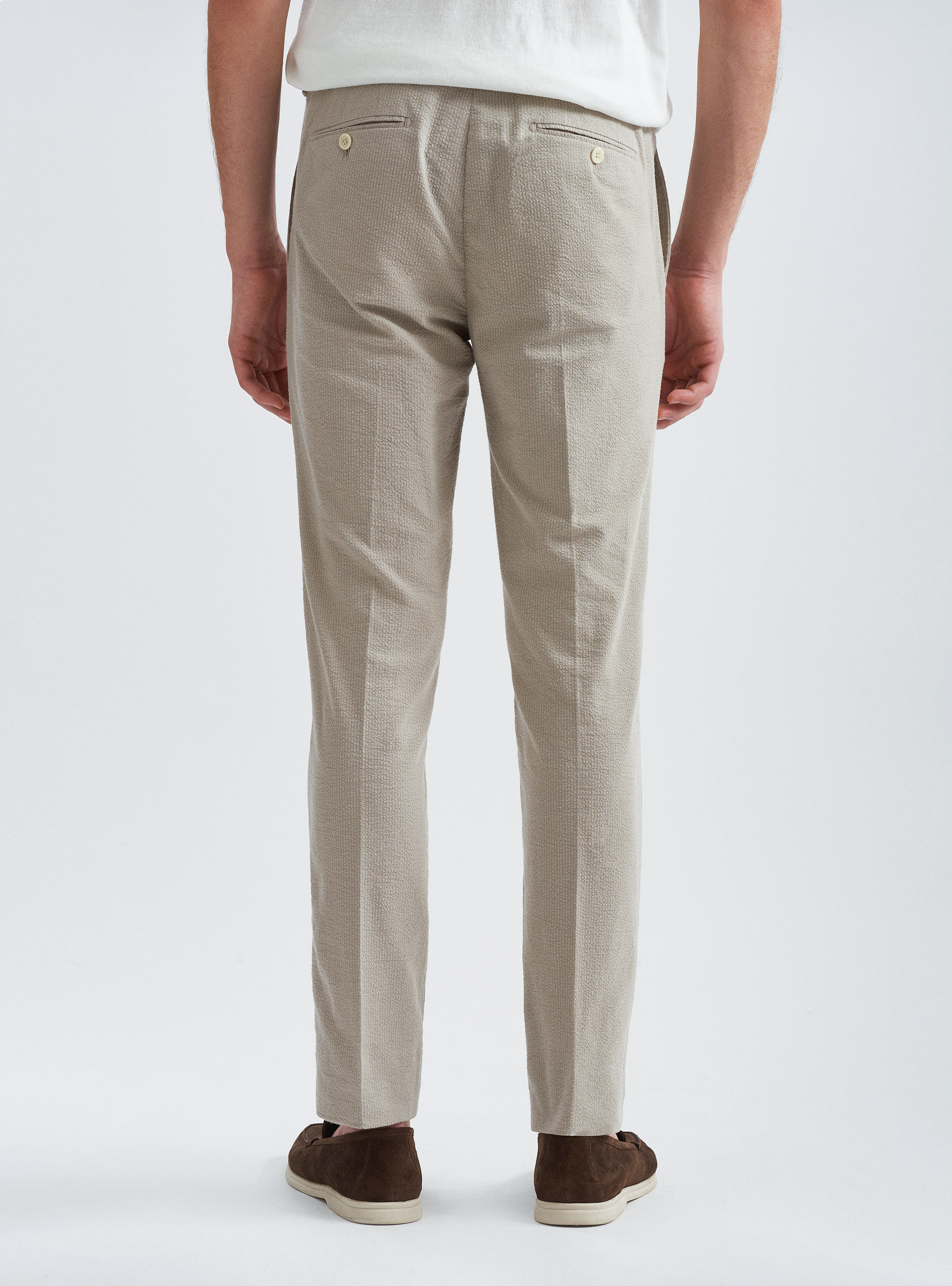 Pantaloni per abito seersucker in cotone stretch, SABBIA