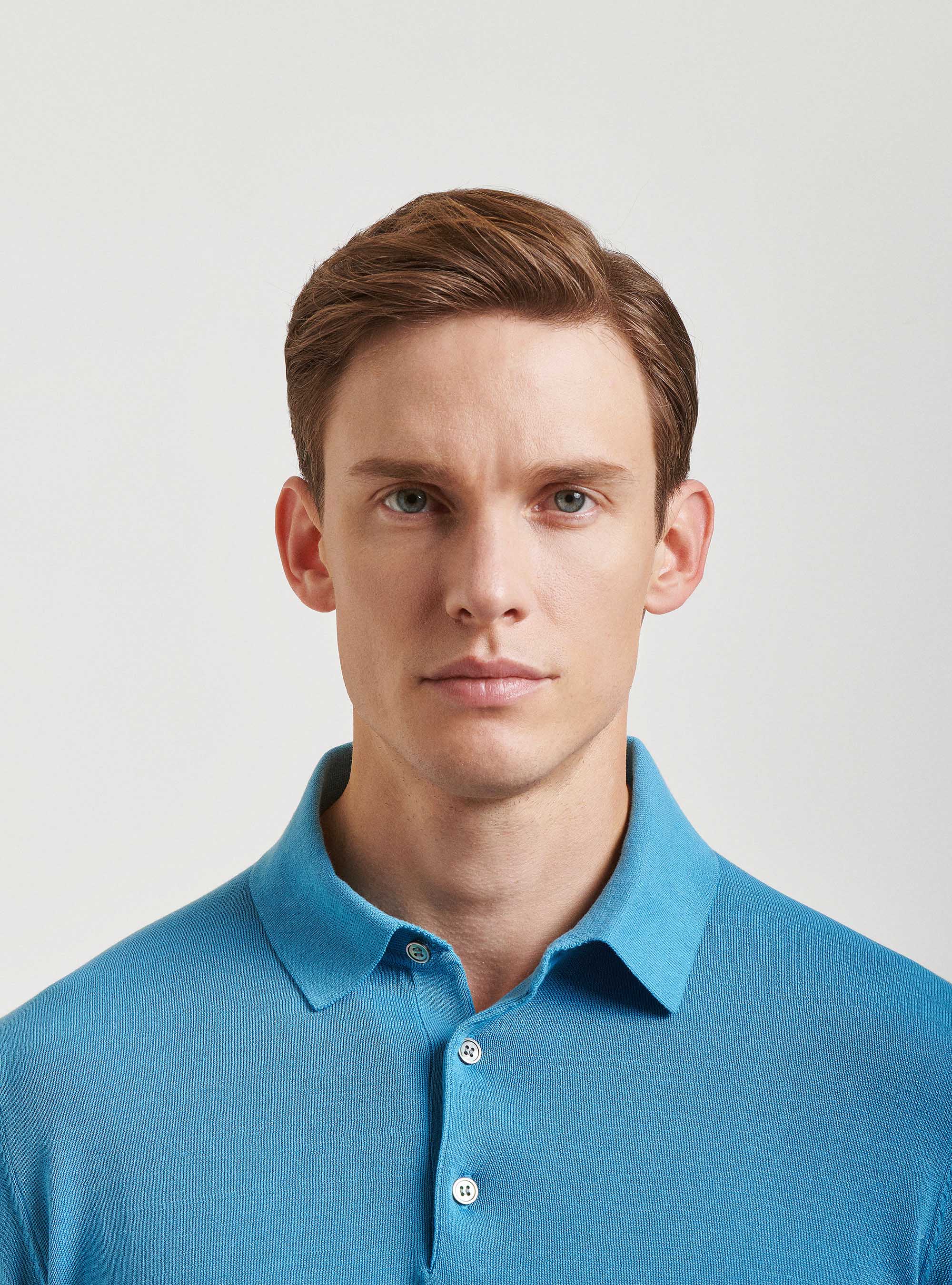 Polo in maglia in puro cotone extrafine, AZZURRO