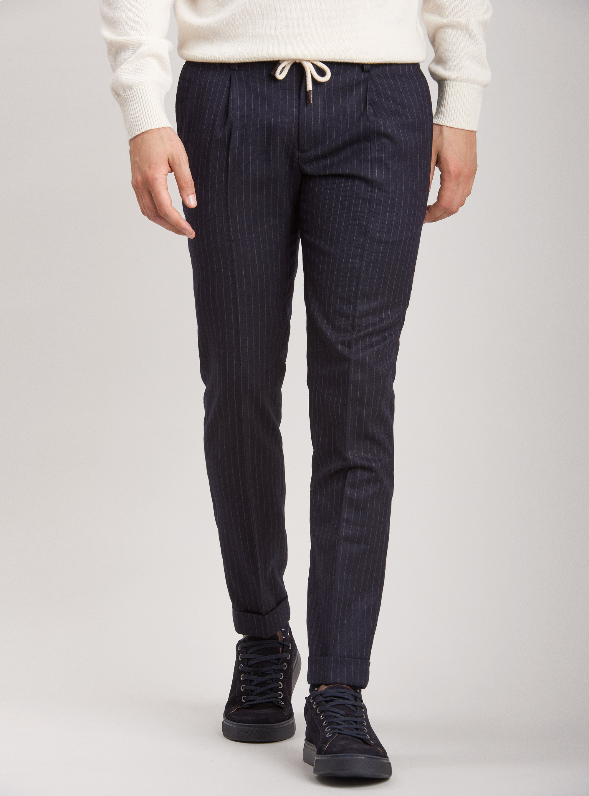 Pinstripe wool pants with drawstring