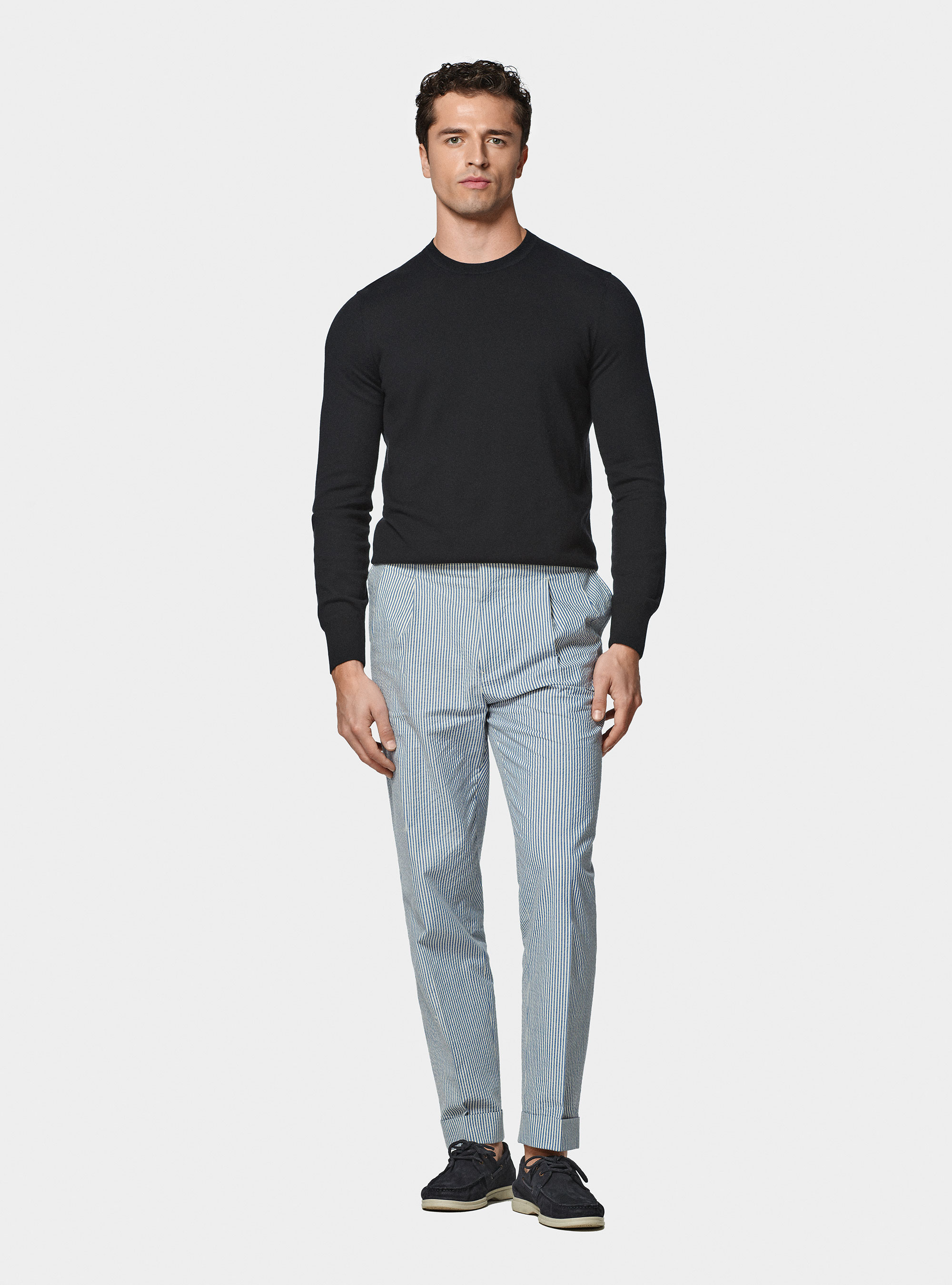 Punto de cuello redondo de algod&oacute;n seda y cachemira, NEGRO