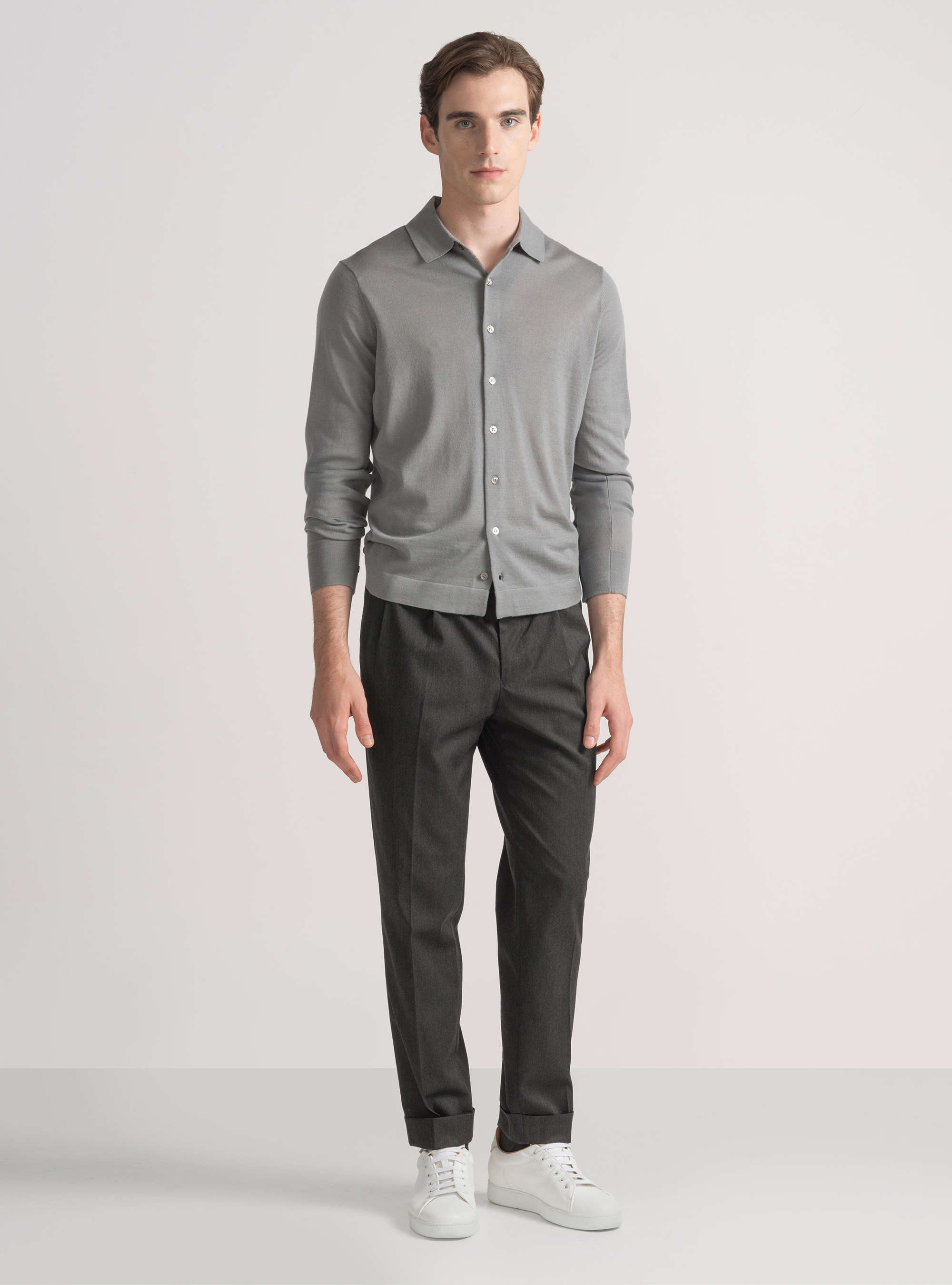 Polo camicia in maglia lana merino extrafine, GRIGIO CHIARO