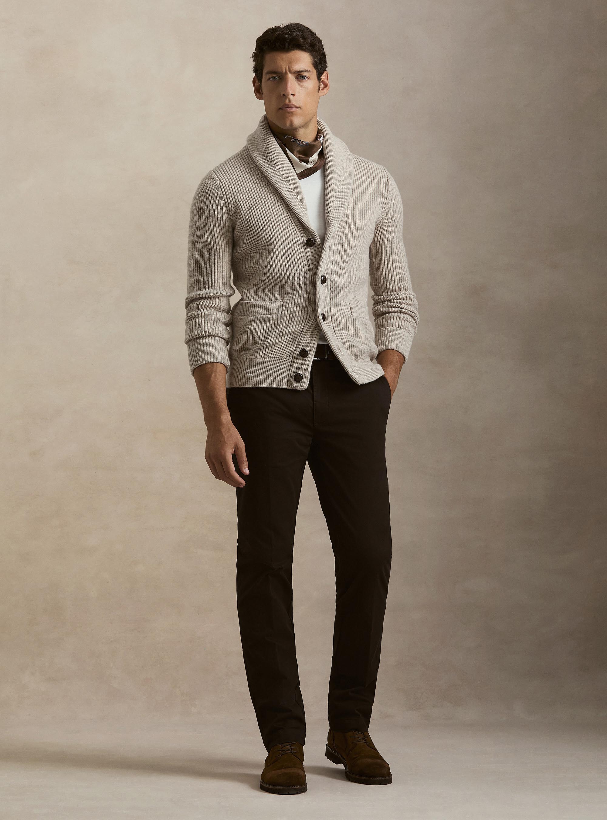 Merino wool shawl collar cardigan, ECRU