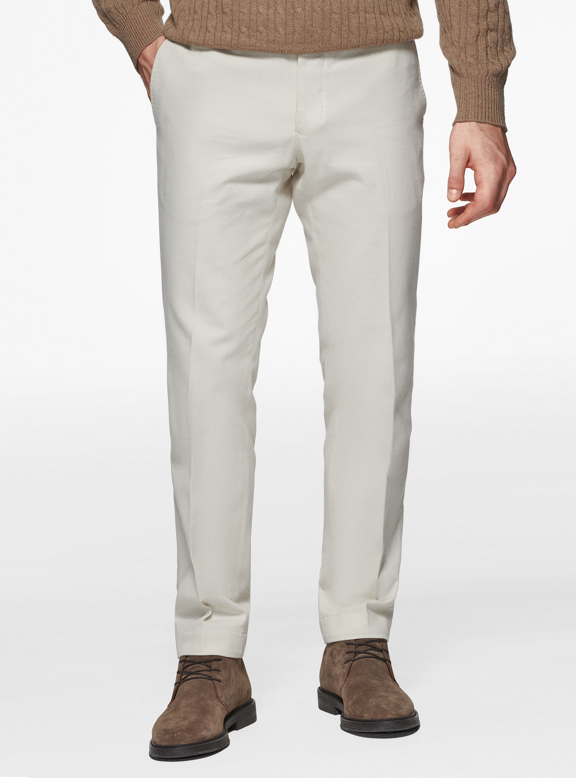Pantaloni in twill di cotone e cashmere, PANNA
