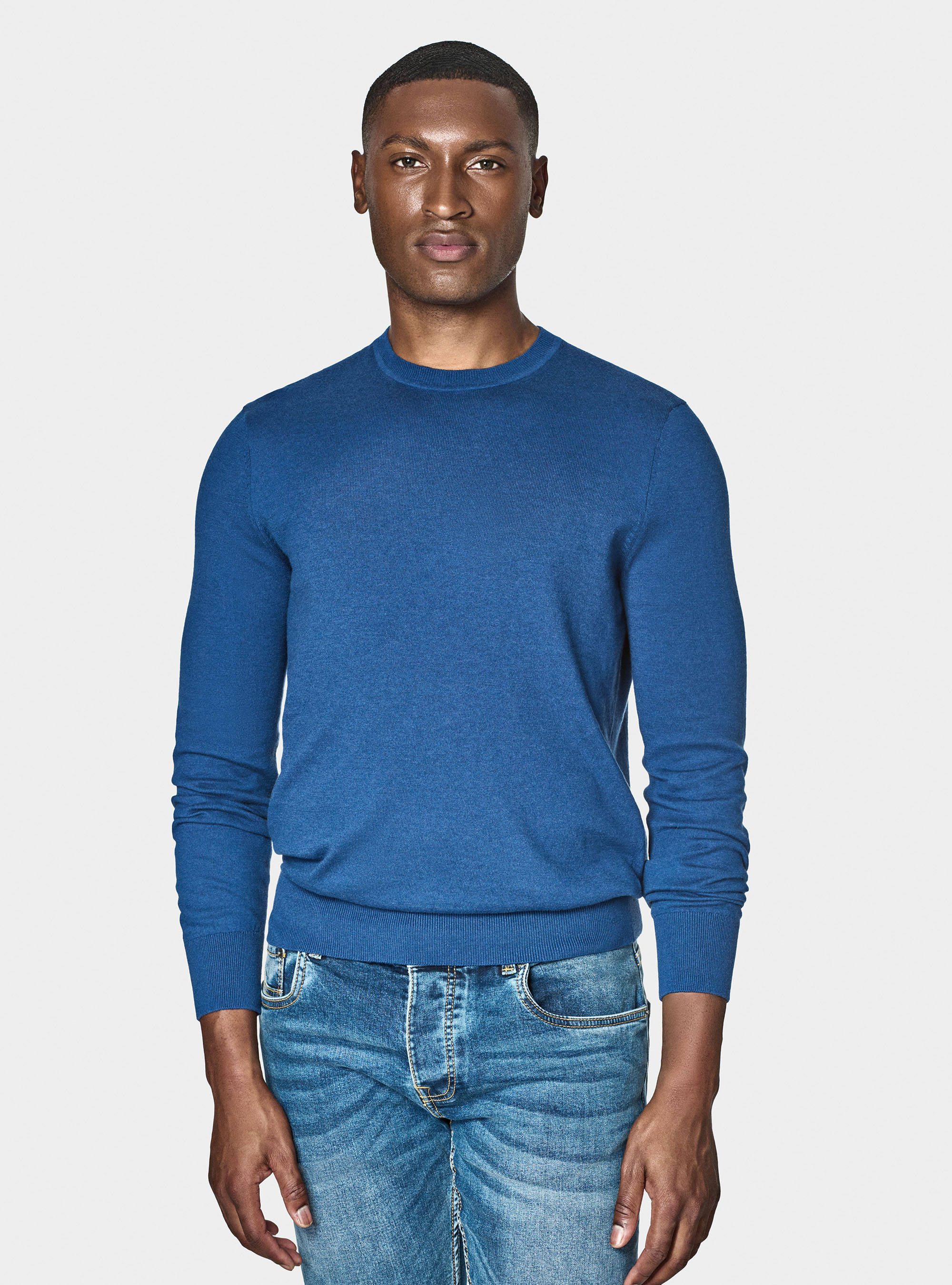 Tricot &agrave; col rond en coton soie et cachemire, BLEU ROYAL