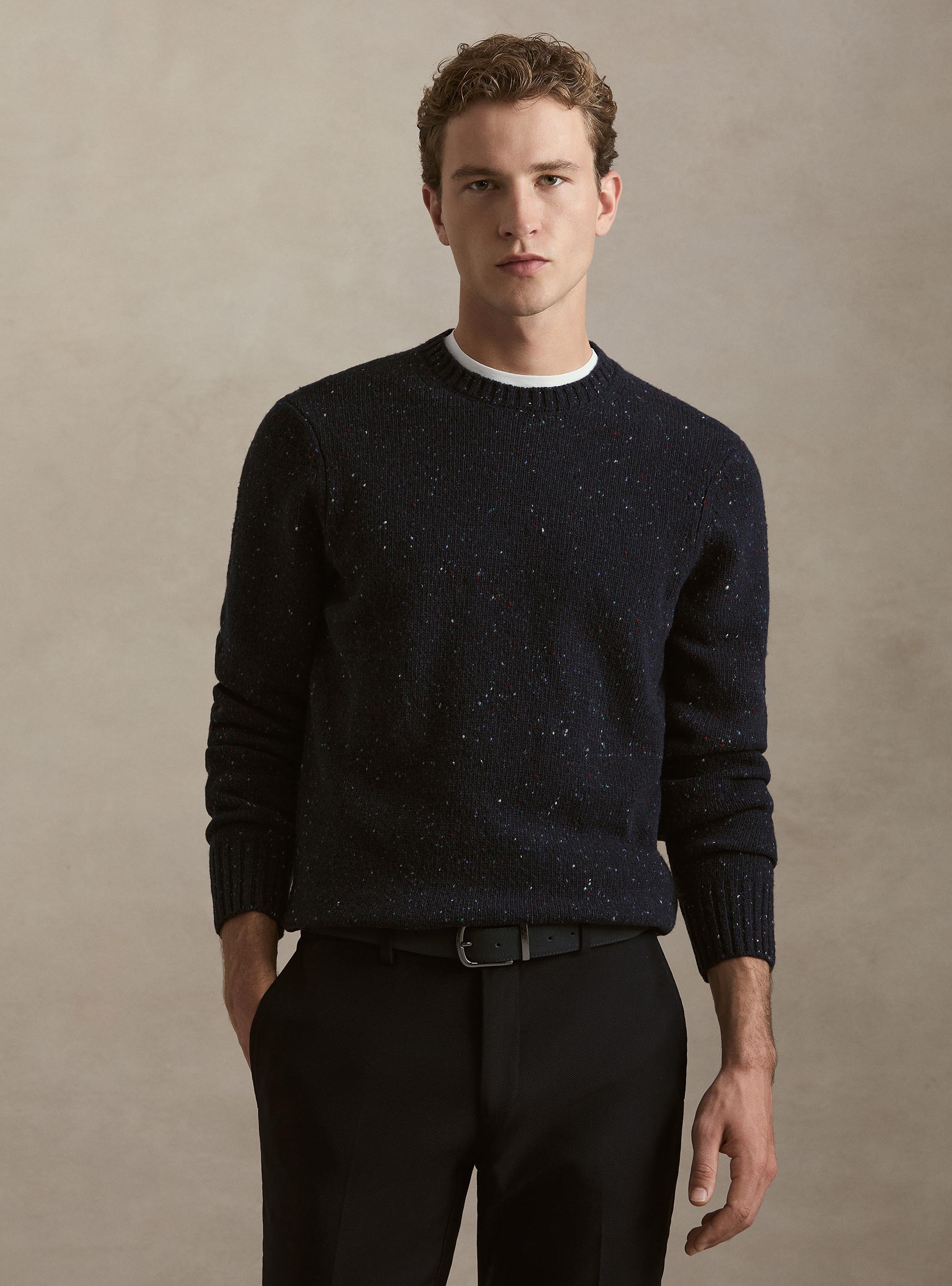 Donegal-style merino wool blend crewneck sweater, NAVY BLUE